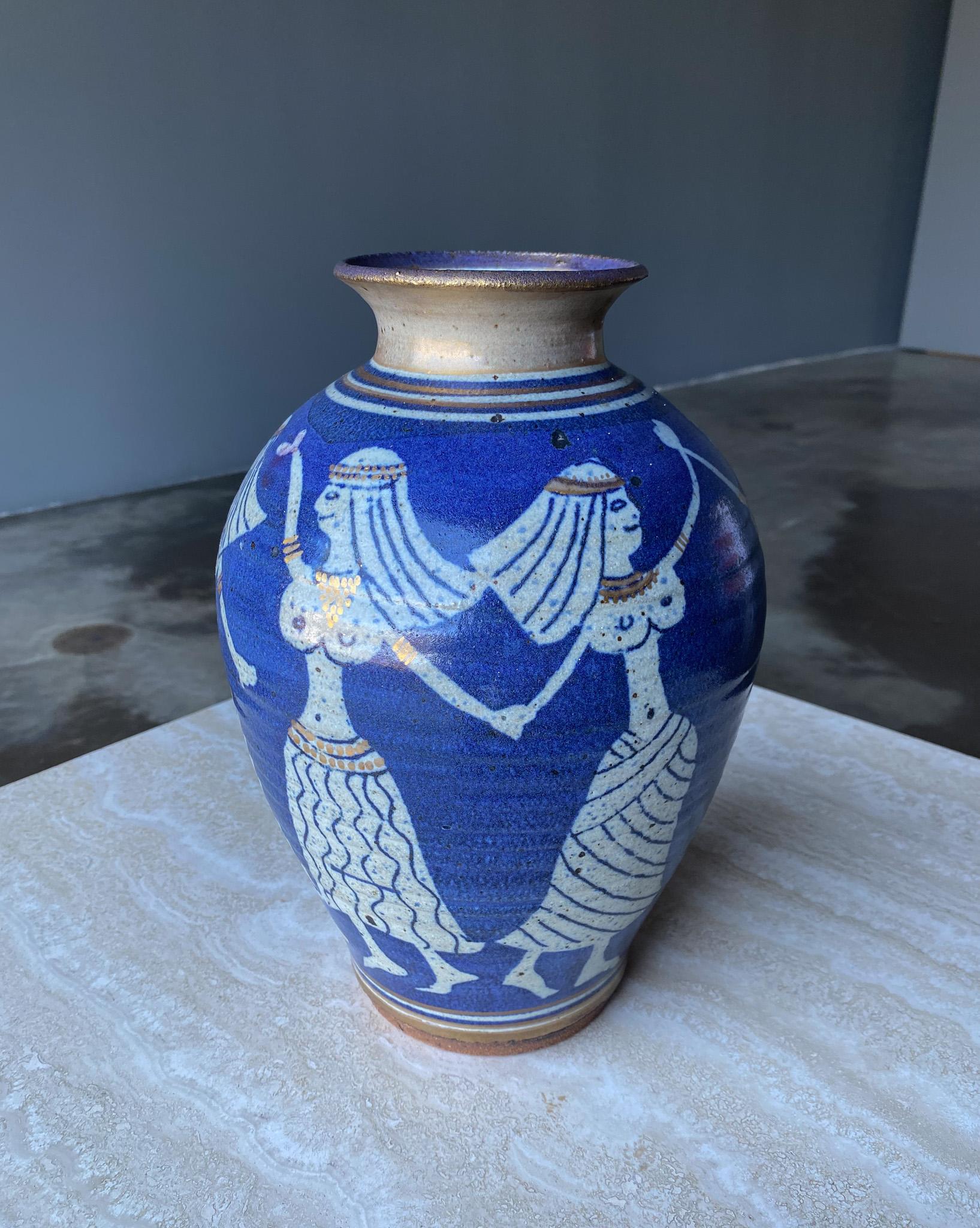 20th Century Dancing Egyptians Blue Ceramic Vase, c.1975 For Sale