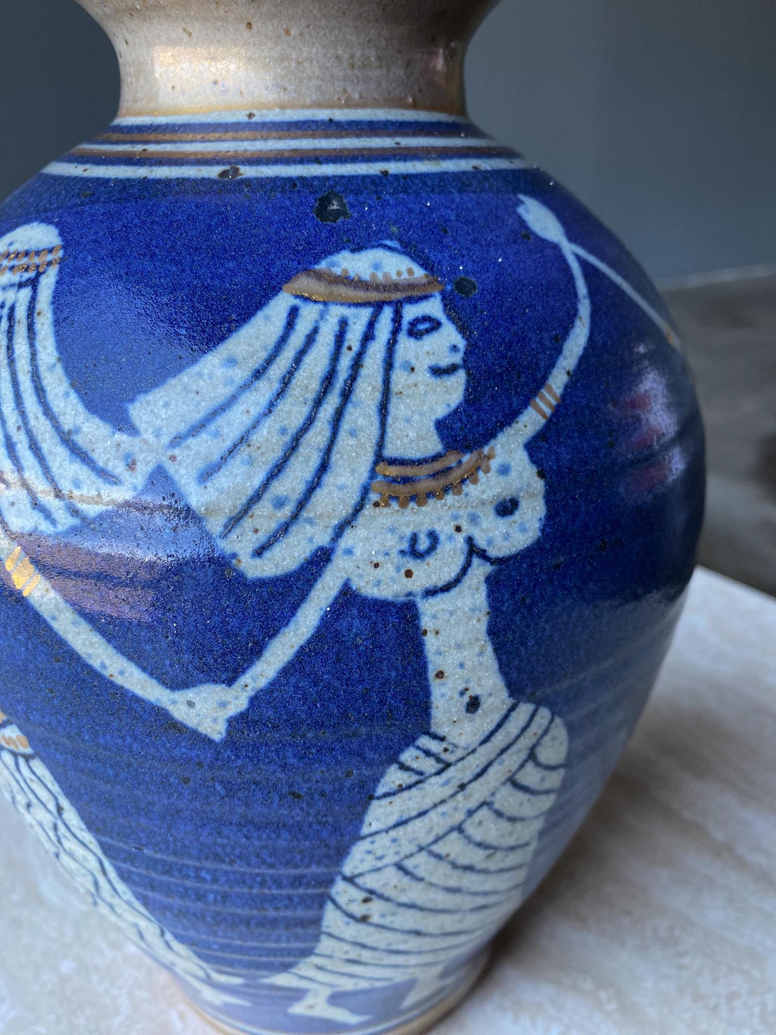 Dancing Egyptians Blue Ceramic Vase, c.1975 For Sale 1