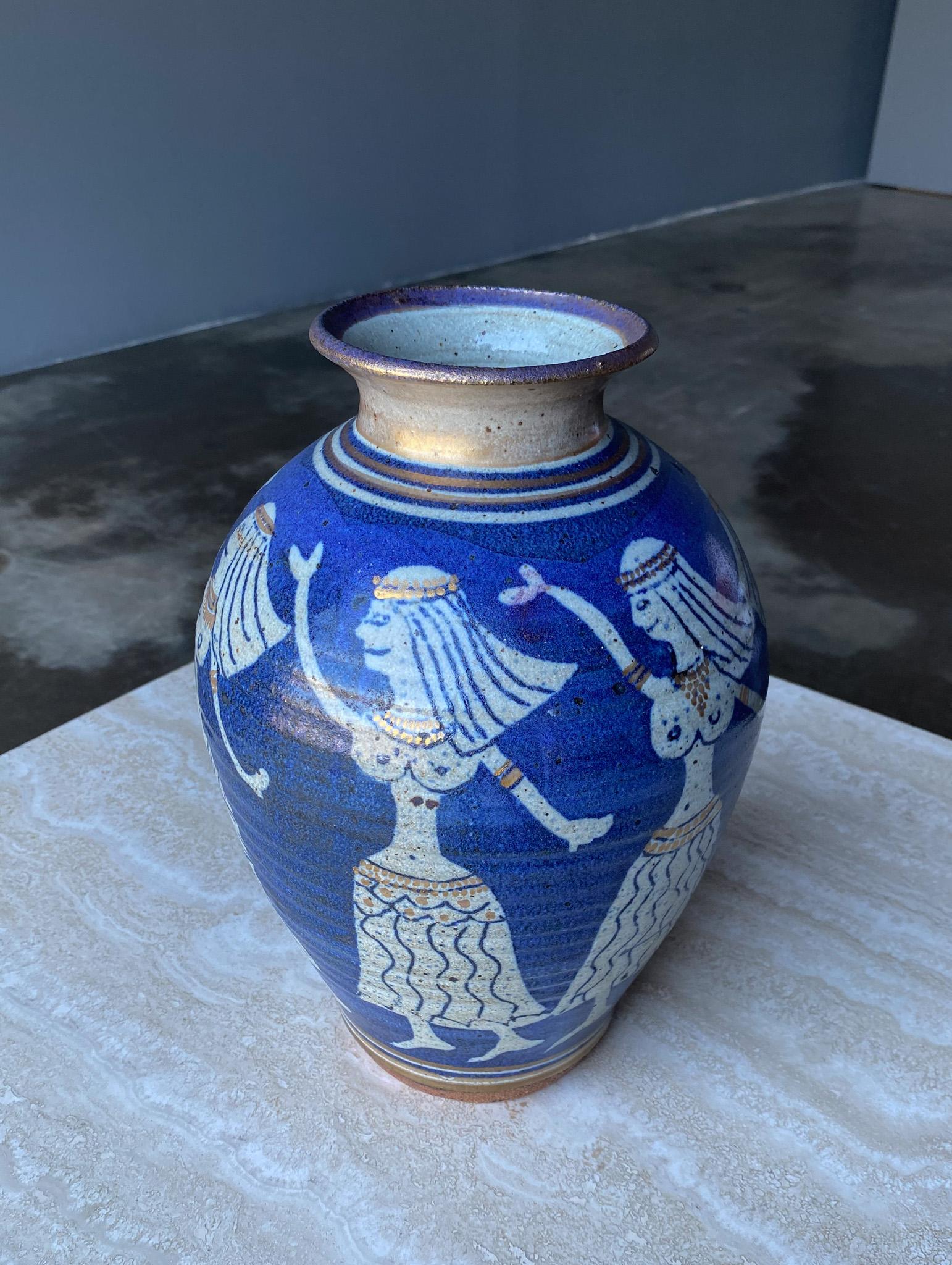 Dancing Egyptians Blue Ceramic Vase, c.1975 For Sale 2