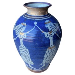 Vintage Dancing Egyptians Blue Ceramic Vase, c.1975