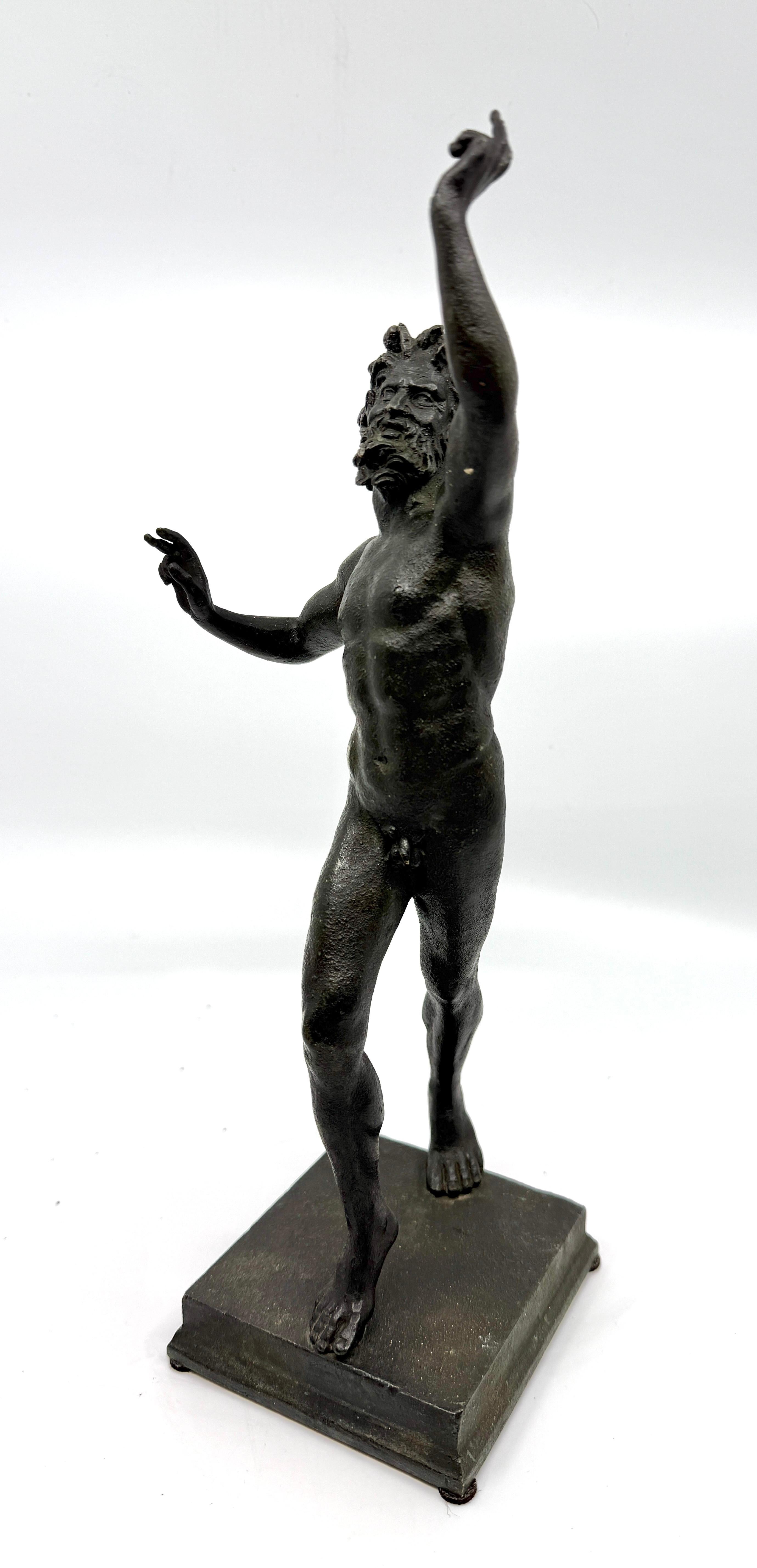 A lovely and well cast  19th century or early 20th century example of the Pompeian Dancing Faun. This grand tour Neo Classical  bronze stands approx 12.75 inches tall about half size of the original unearthed in Pompeii. Beautiful patina. The