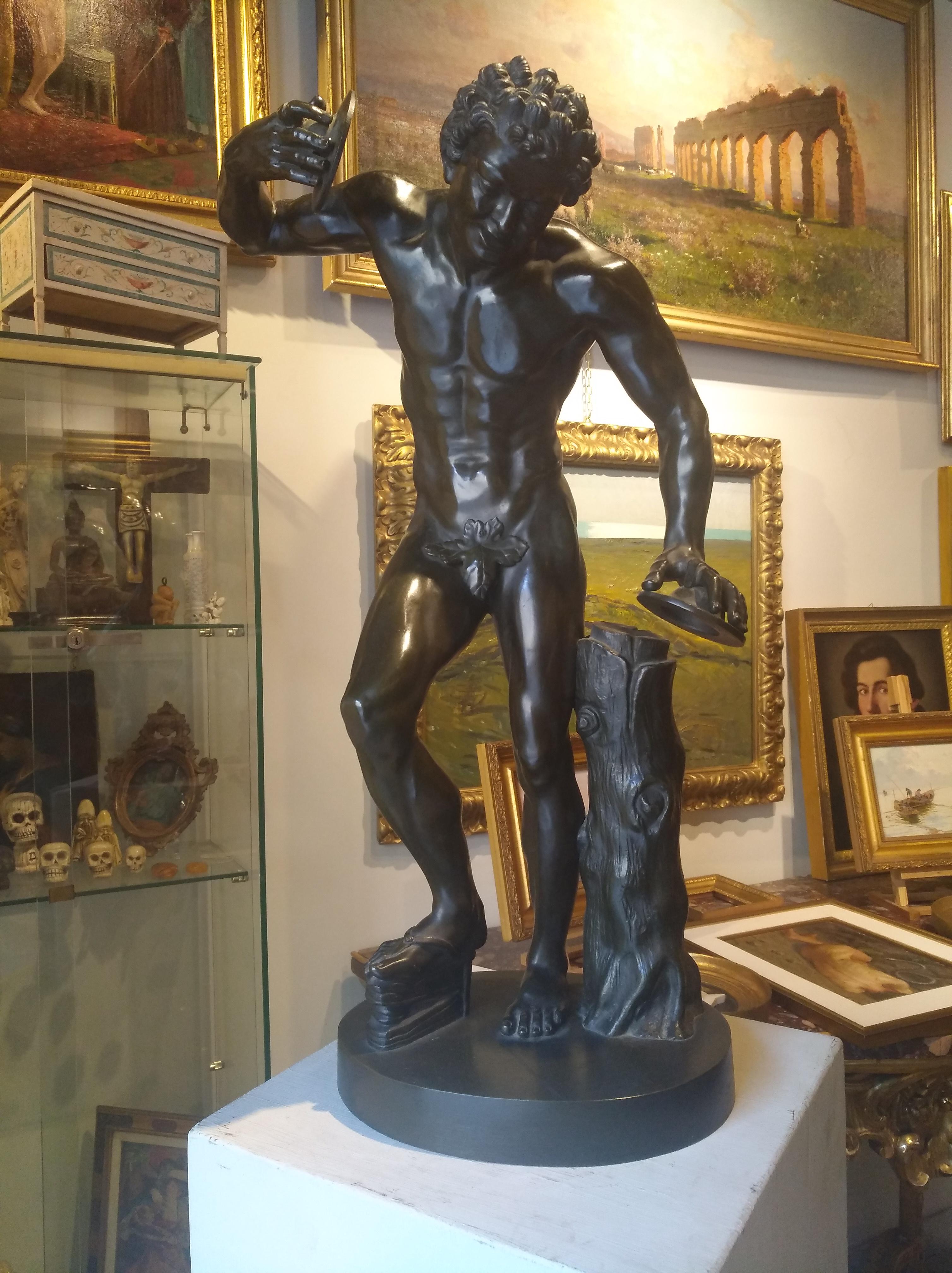 France sculptor, 19th century
Dancing faun with cymbals
Not signed by the author

The sculpture has as its reference model a Roman replica of a Hellenistic specimen from the 3rd century BC C. belonging to the Medici collections of the Tribuna di