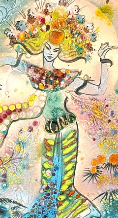 "Dancing Figure in Asian Costume, " Monumental Mid Century Enamel Bowl