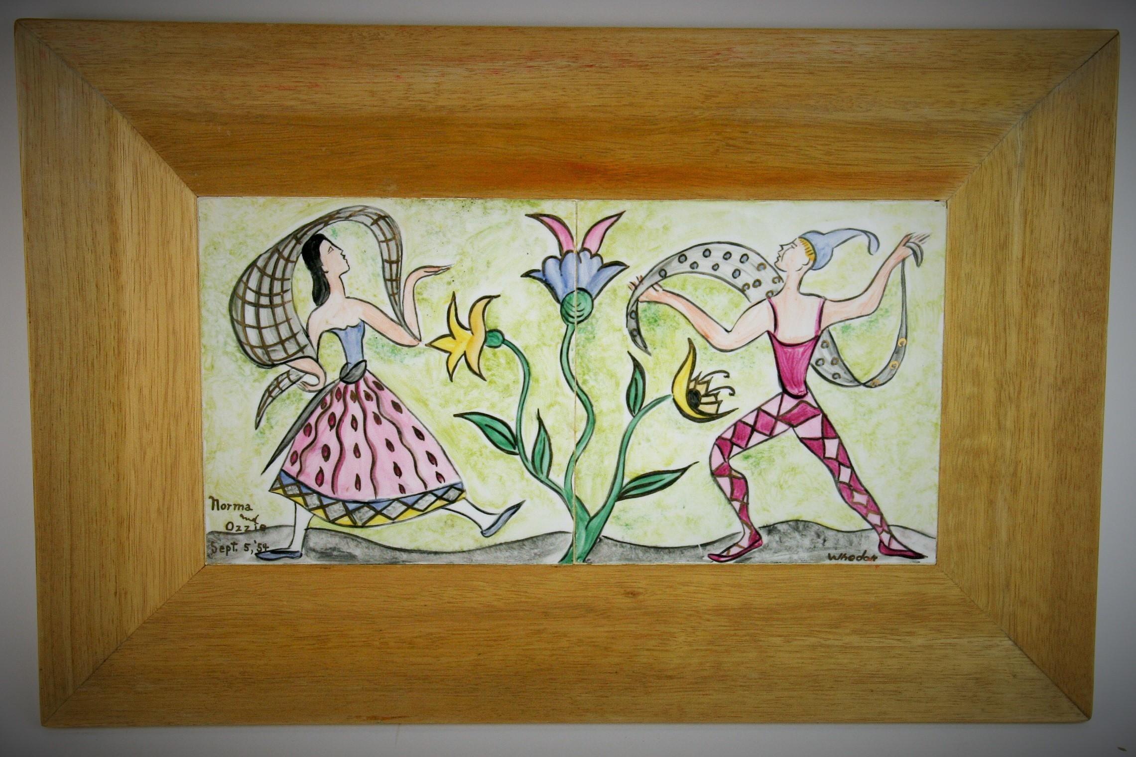 3-400 Deux panneaux en céramique d'art populaire peints à la main dans un cadre en bois naturel.
Taille de l'image : 12.5 x 6