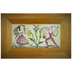 Vintage Dancing in The Garden Folk Art Ceramic Panel, 1954