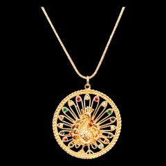 Dancing Peacock Reversible Navratan Vintage Necklace 14K Yellow Gold Necklace