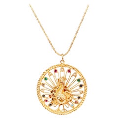 Dancing Peacock Reversible Navratan Vintage Necklace 14K Yellow Gold Necklace