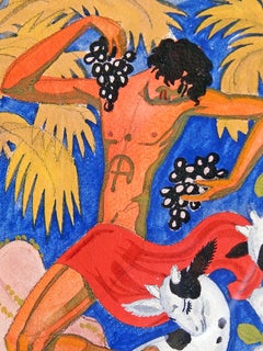 " Satyre dansant avec des chèvres tachetées ", brillante peinture Art déco de Thévenaz.