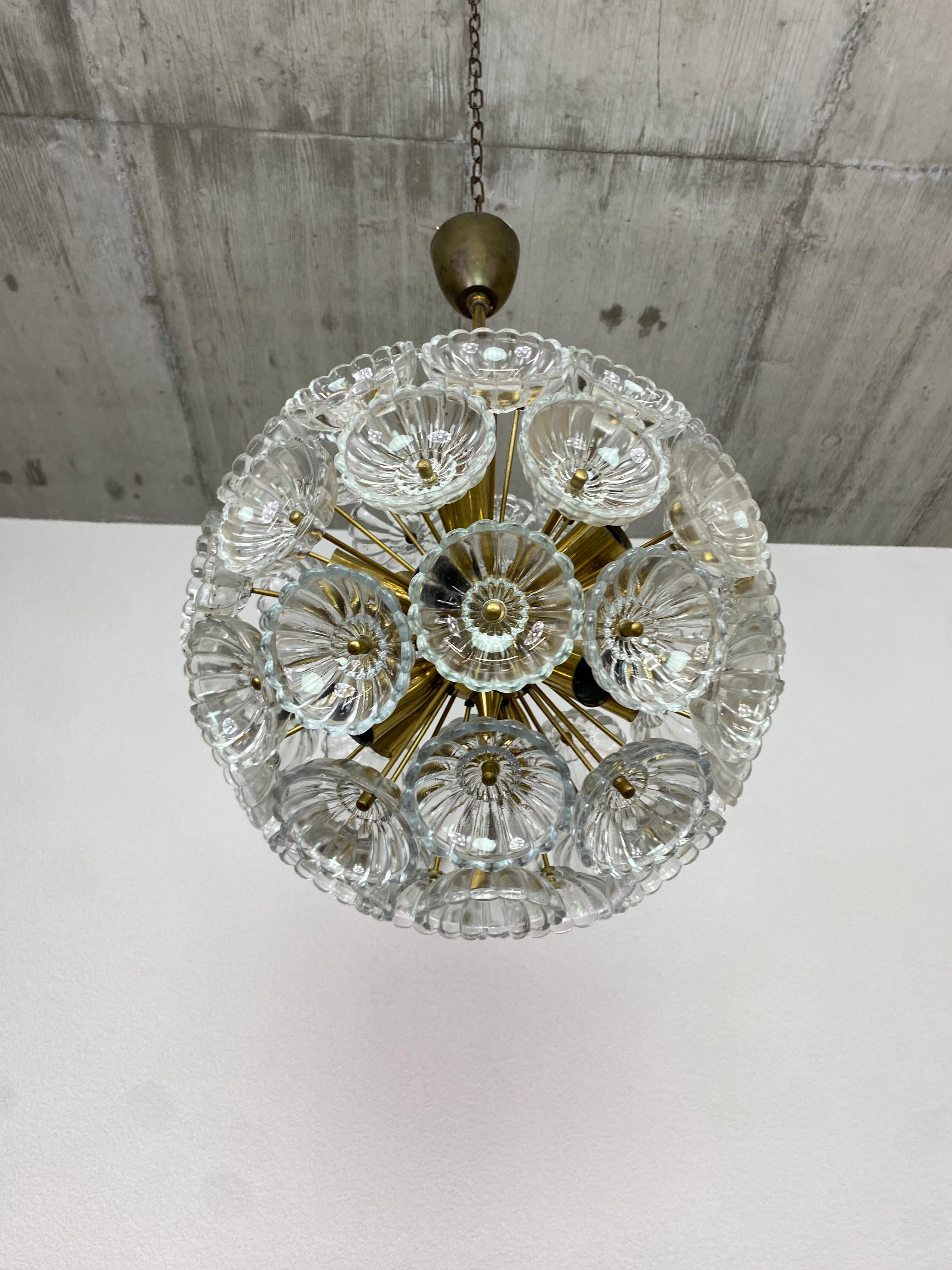 Dandelion chandelier by Kamenický Šenov in original vintage condition. All glass parts are in 100% condition. Metal brass painted skeleton shows slight traces of rust.