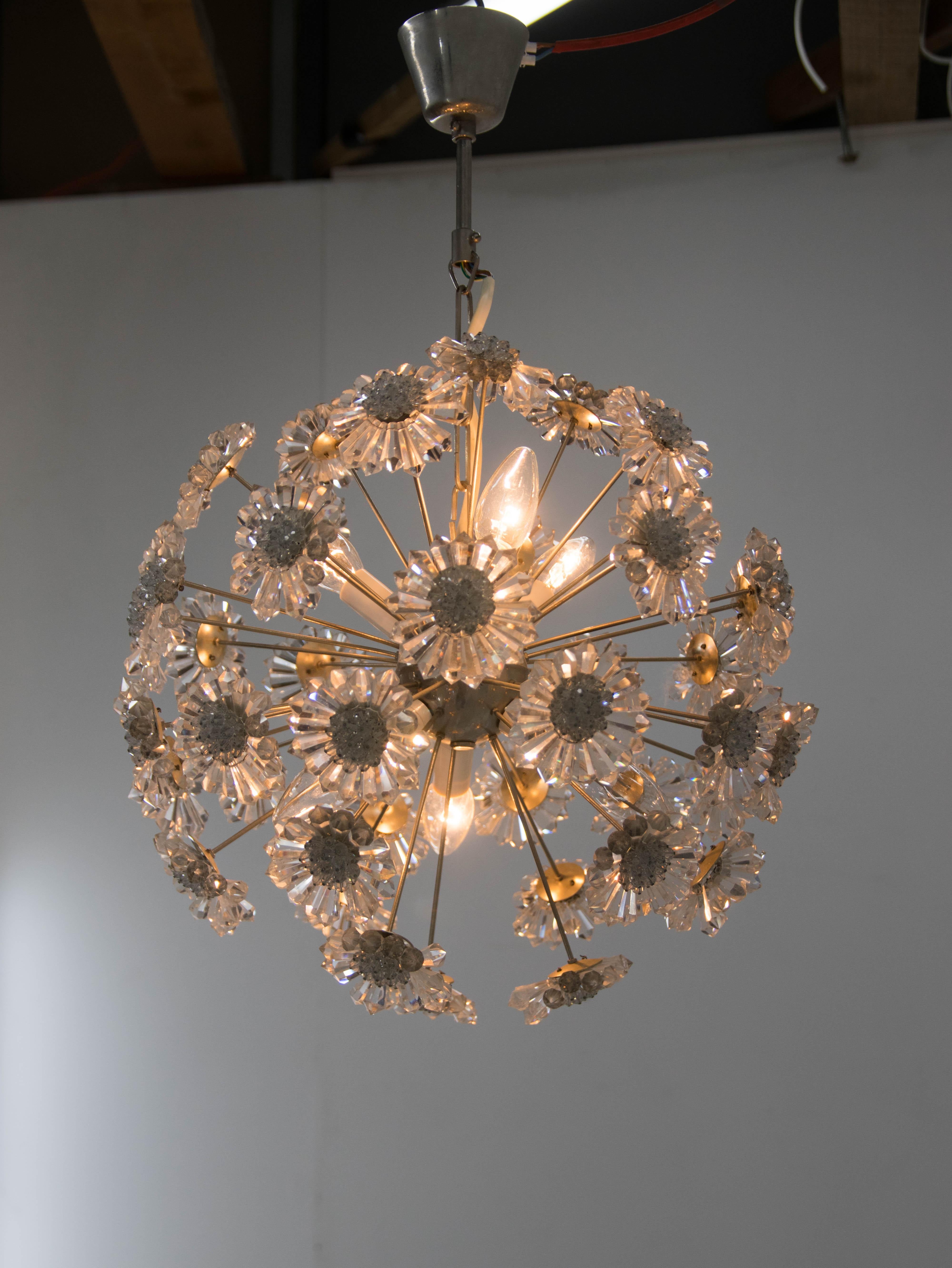 Dandelion chandelier made by Preciosa in 1970. Restored. Very good condition. 
Two separate circuits: 3+3x40W, E12-E14 bulbs.
US wiring compatible.