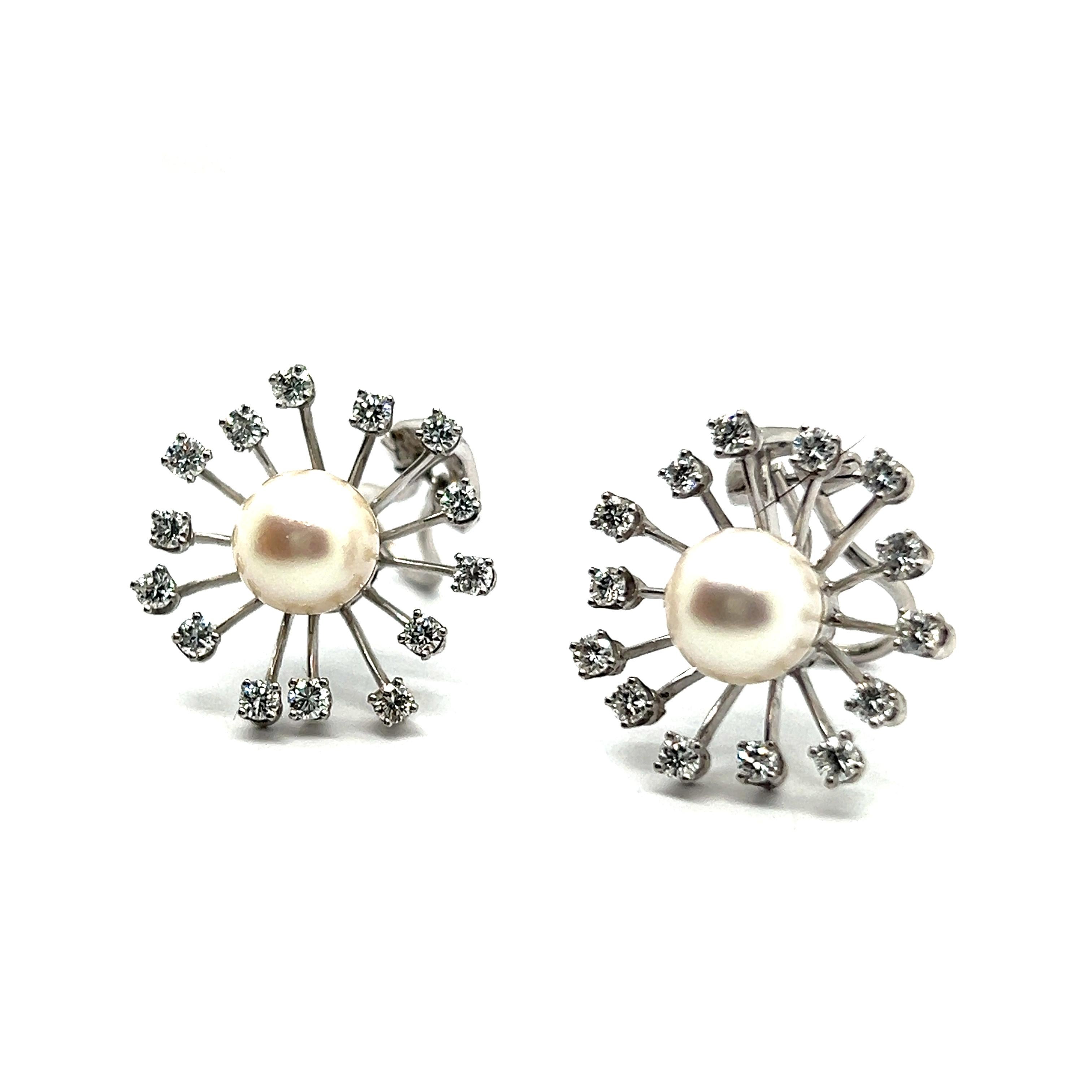 Modern Dandelion Earrings with Cultured Pearls & Diamonds in 18 Karat White Gold For Sale