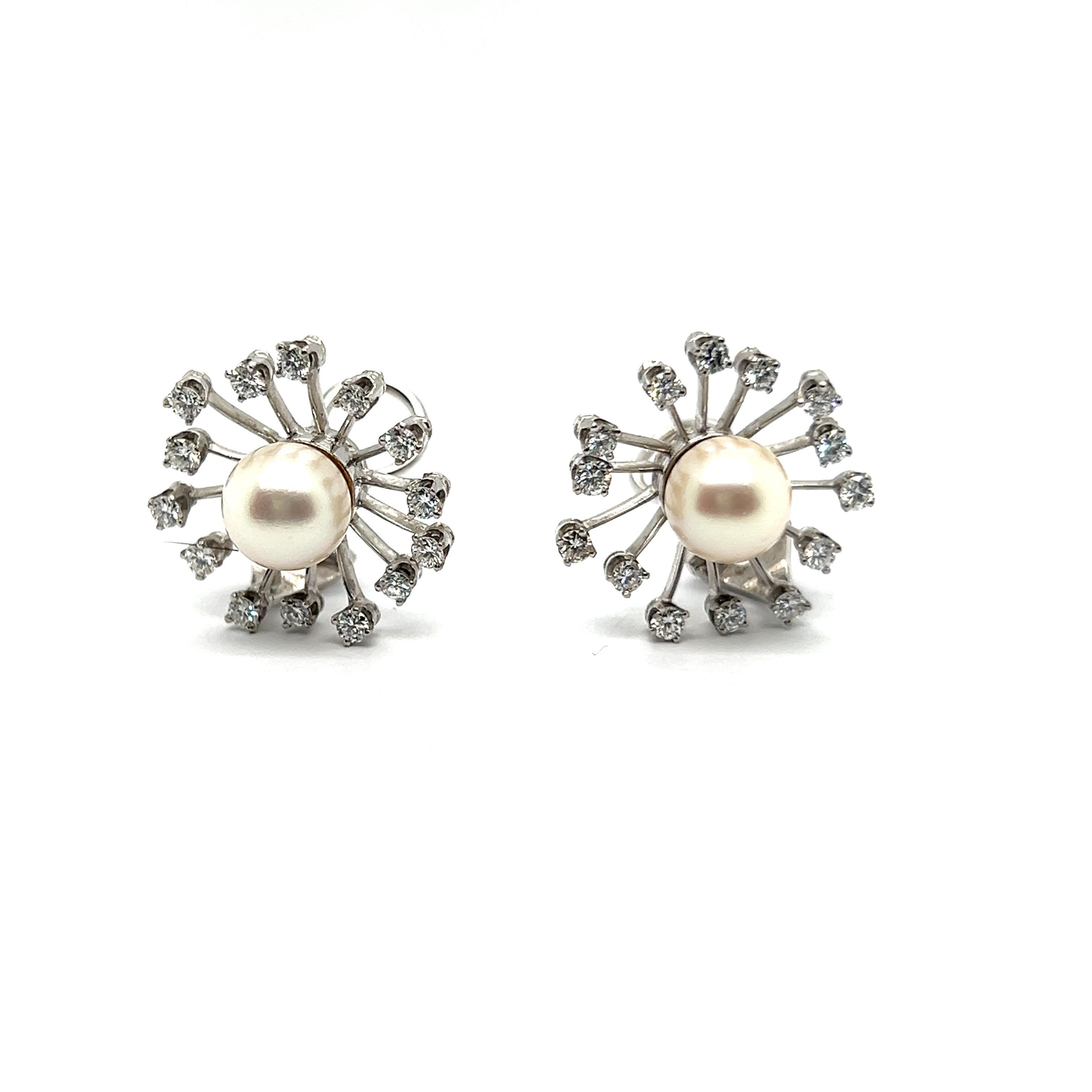 Brilliant Cut Dandelion Earrings with Cultured Pearls & Diamonds in 18 Karat White Gold For Sale