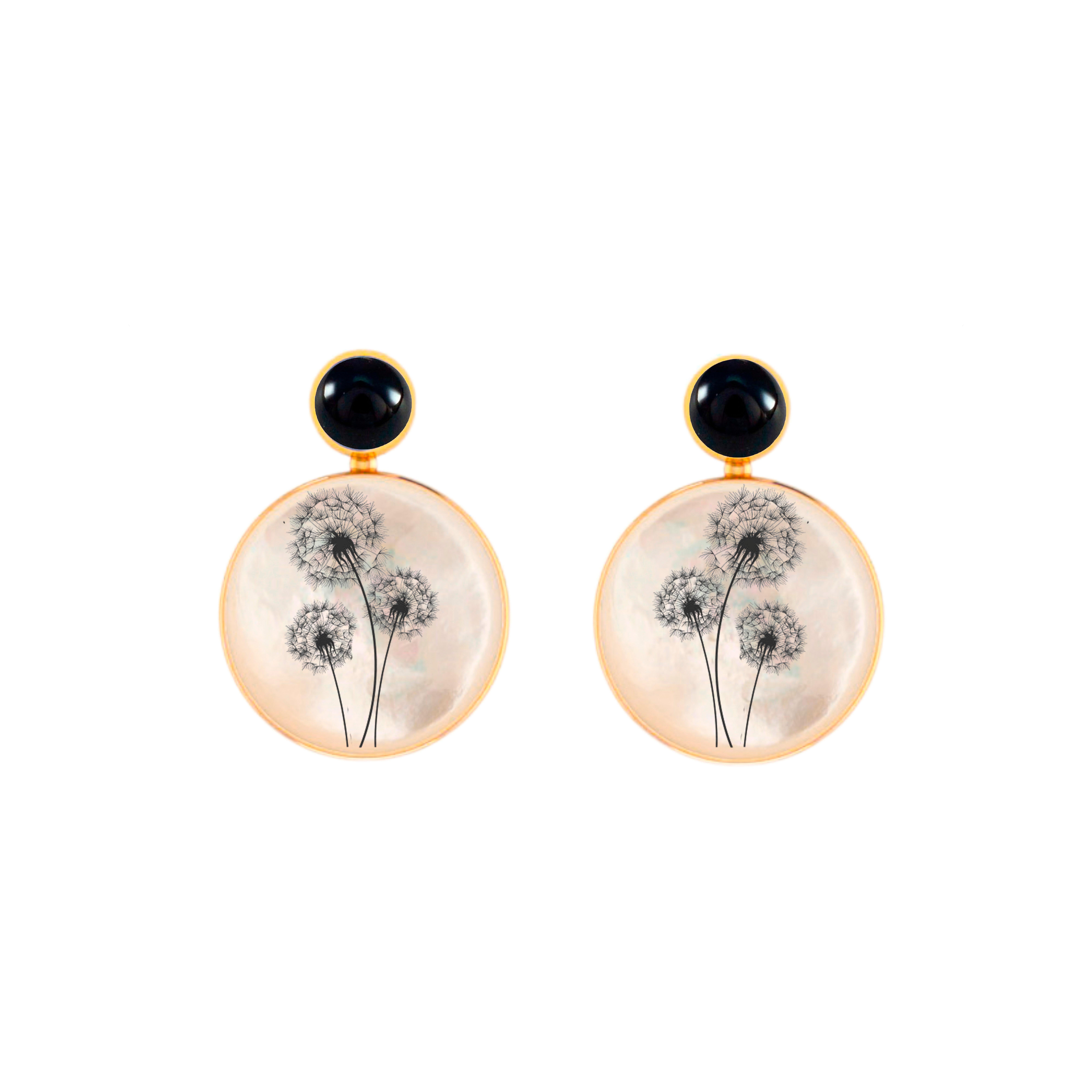 Pendientes flor de diente de león blanco y negro con ónice y madreperla en venta