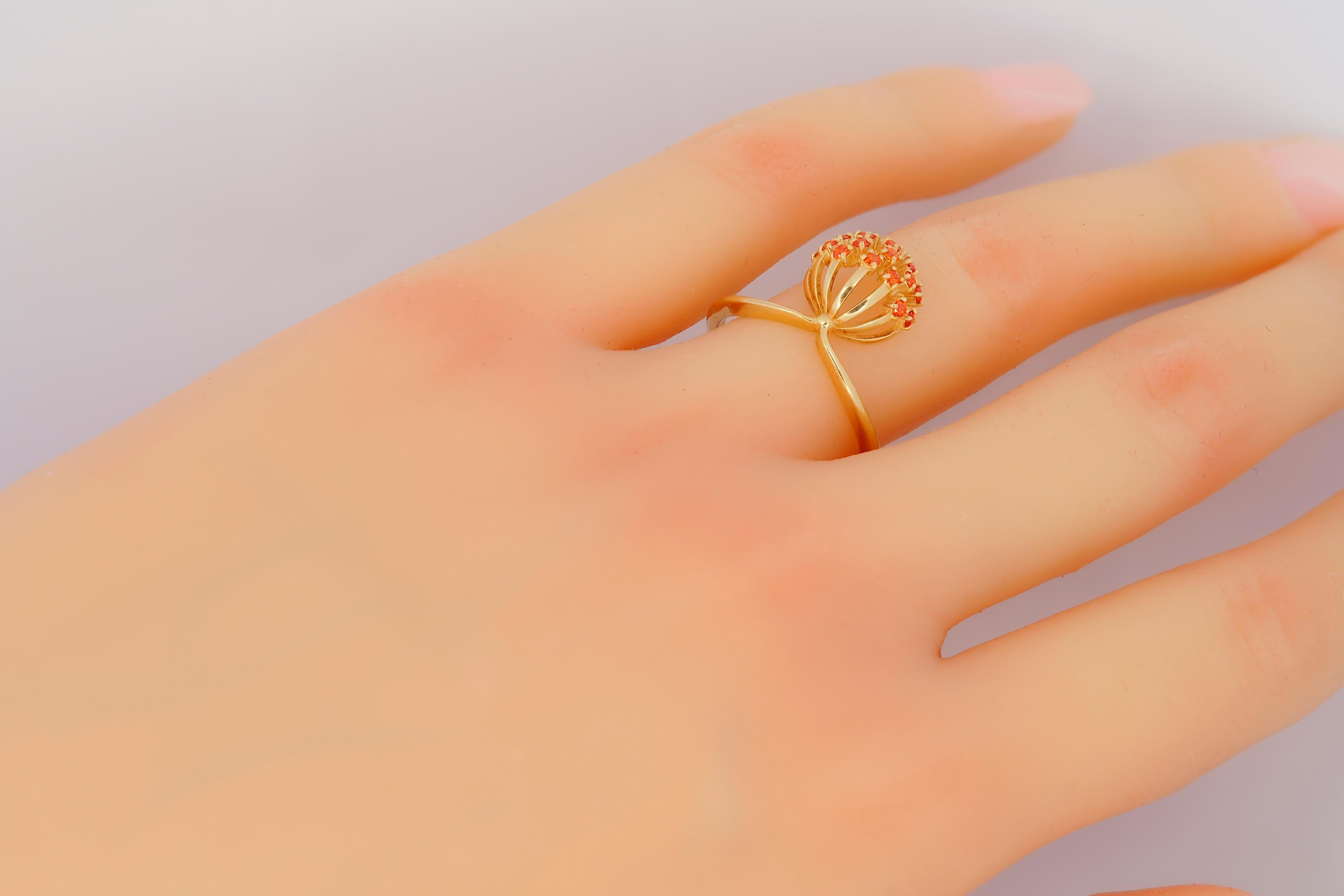 Modern Dandelion flower ring with orange lab sapphires in 14k gold For Sale