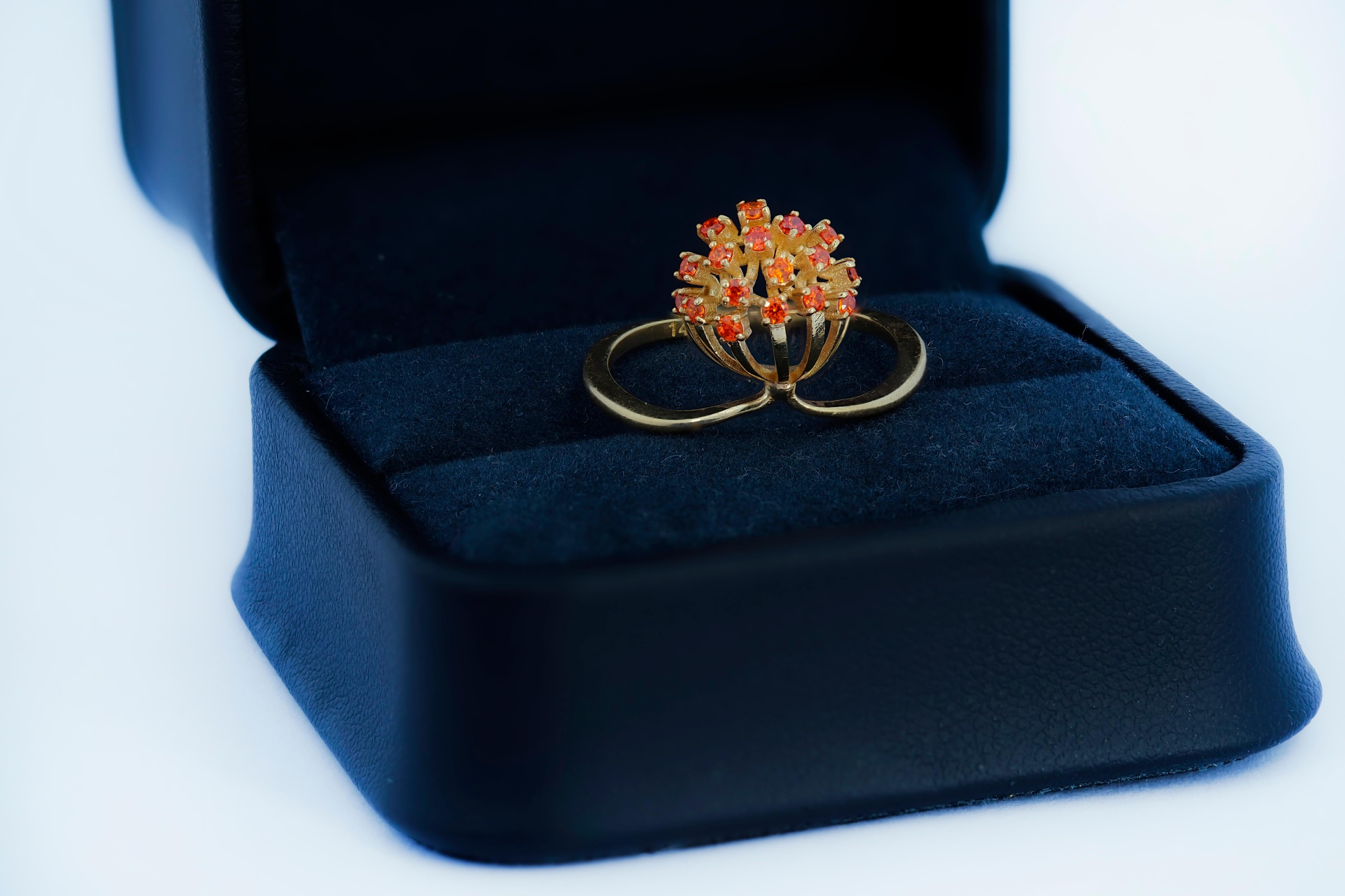 Dandelion flower ring with orange lab sapphires in 14k gold In New Condition For Sale In Istanbul, TR