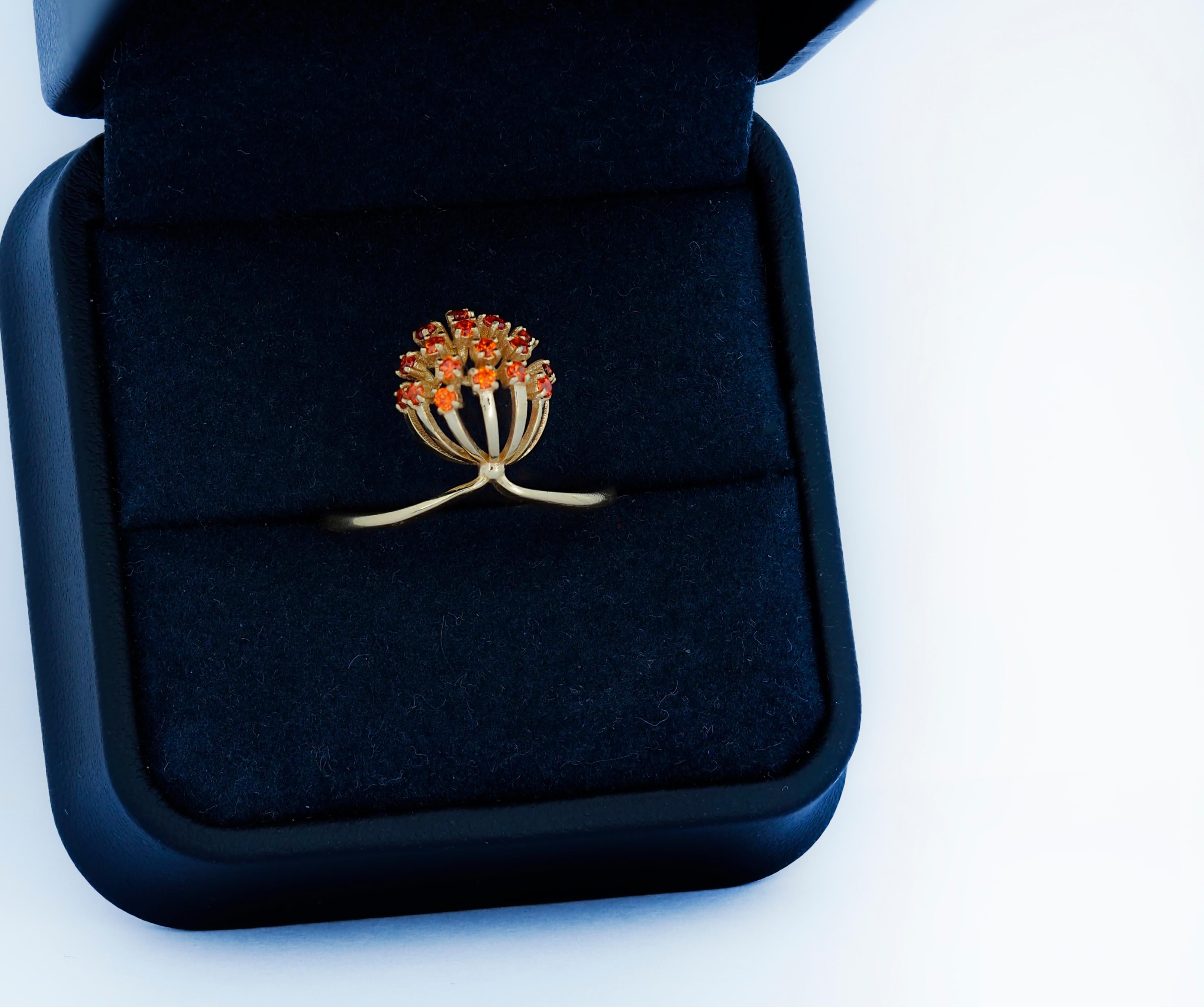 Women's or Men's Dandelion flower ring with orange lab sapphires in 14k gold For Sale
