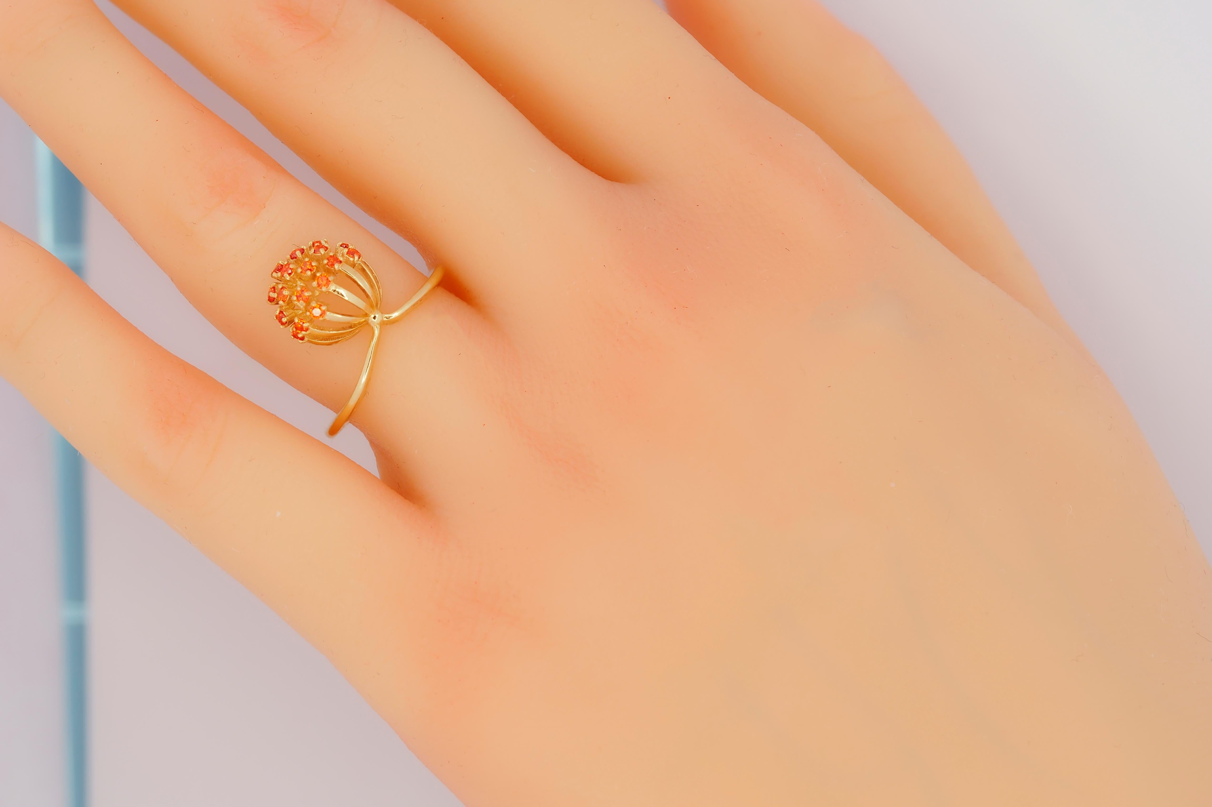 Dandelion flower ring with orange lab sapphires in 14k gold For Sale 1