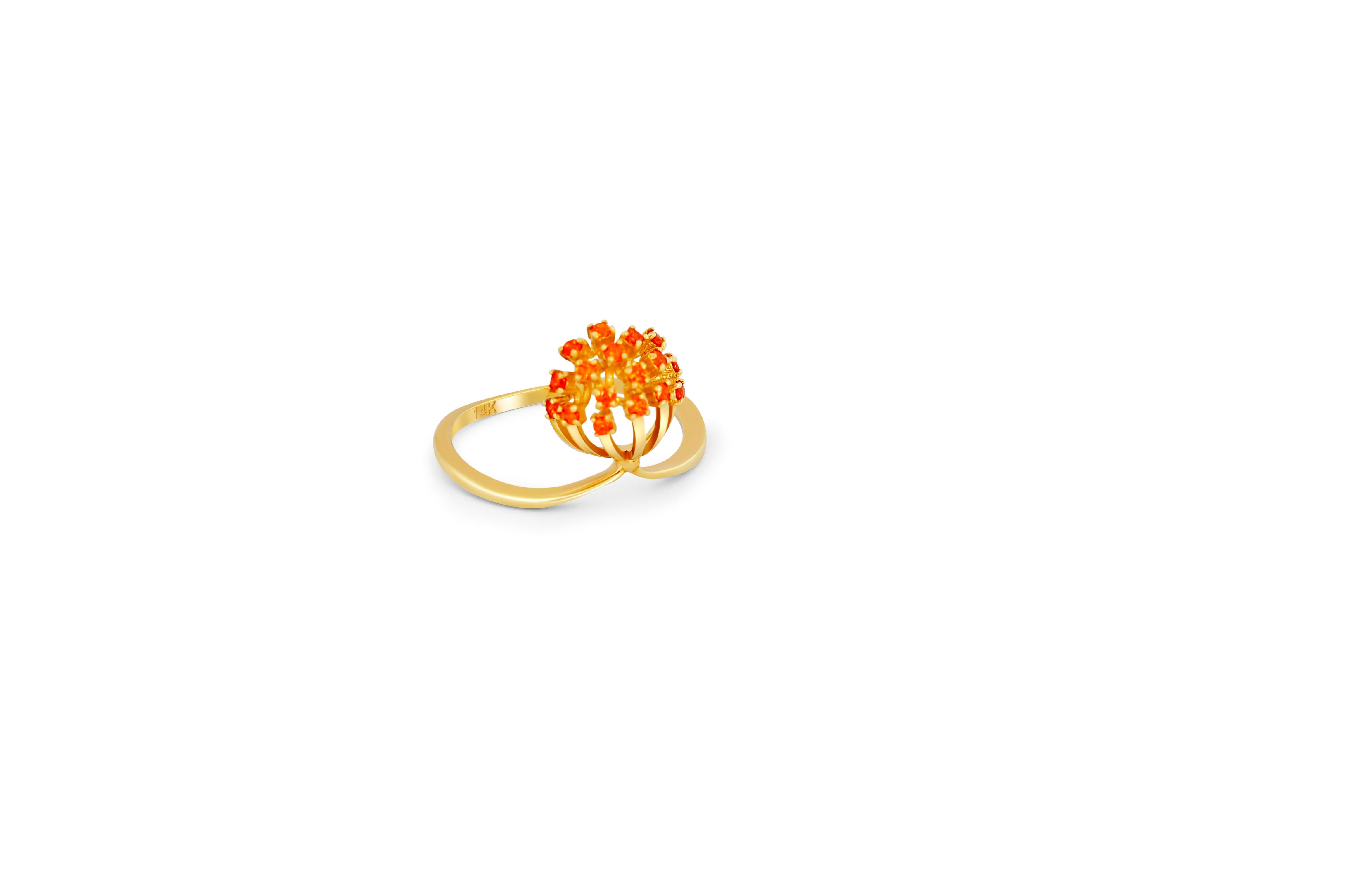 Bague fleur Dandelion avec saphirs orange de laboratoire en or 14 carats en vente 2