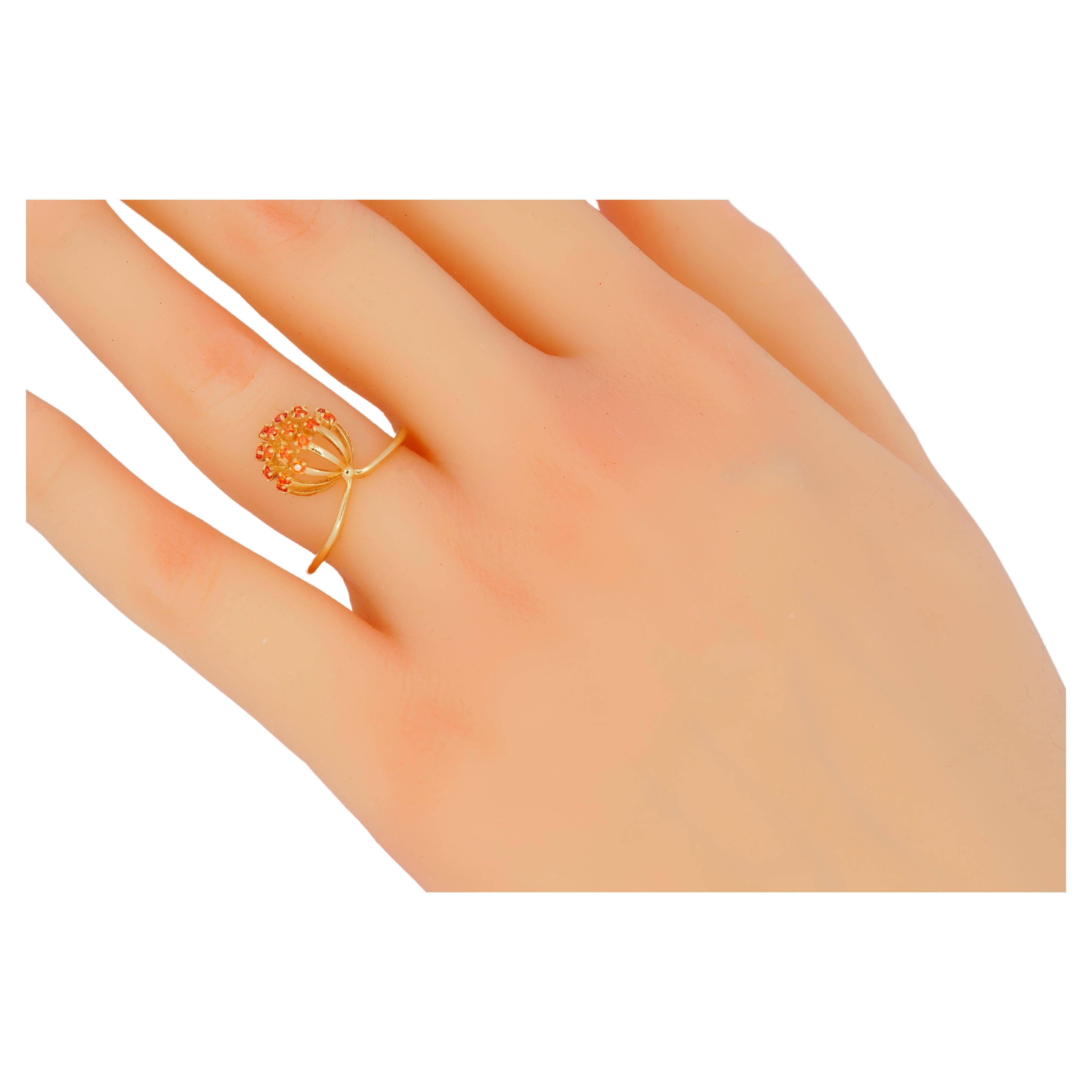Dandelion flower ring with orange lab sapphires in 14k gold For Sale
