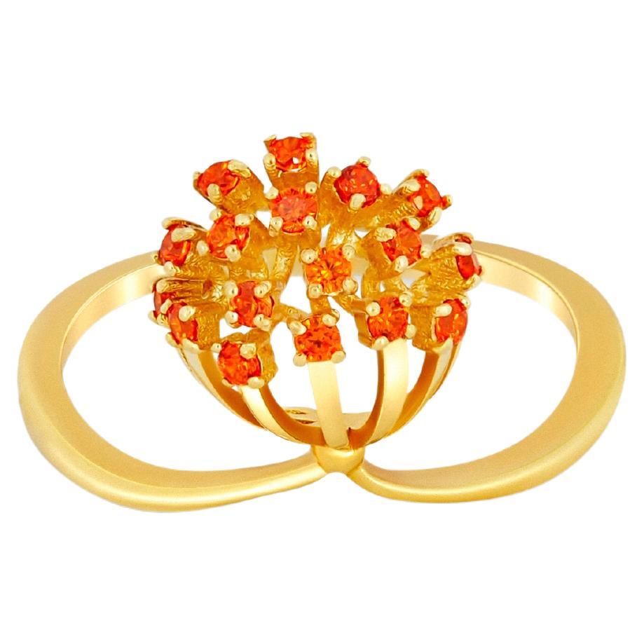 For Sale:  Dandelion flower ring with orange lab sapphires in 14k gold.