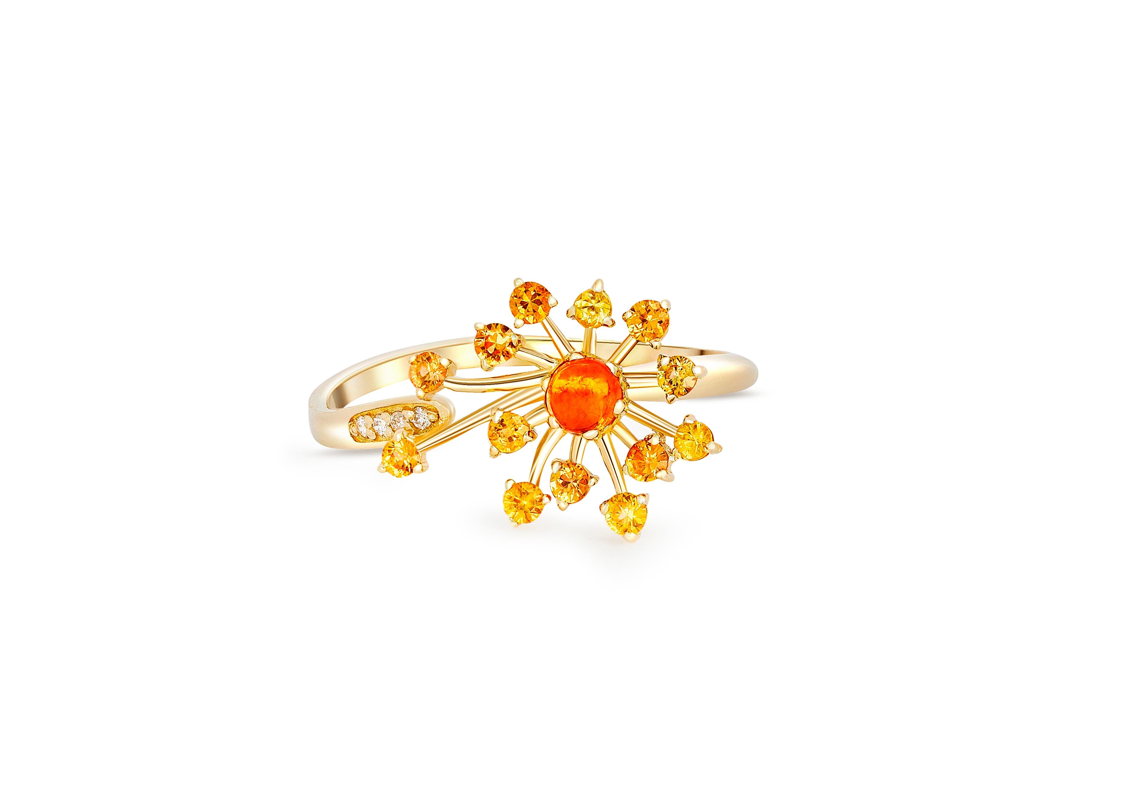 Dandelion flower ring with sapphires and diamonds. 
14 karat gold ring with yellow sapphire. Adjustable Sparkly Dandelion Ring. Sapphire ring.

Metal: 14k gold
Weight: 1.8 g. depends from size.

Central stone: sapphire
Cut: round cabochon
Weight: