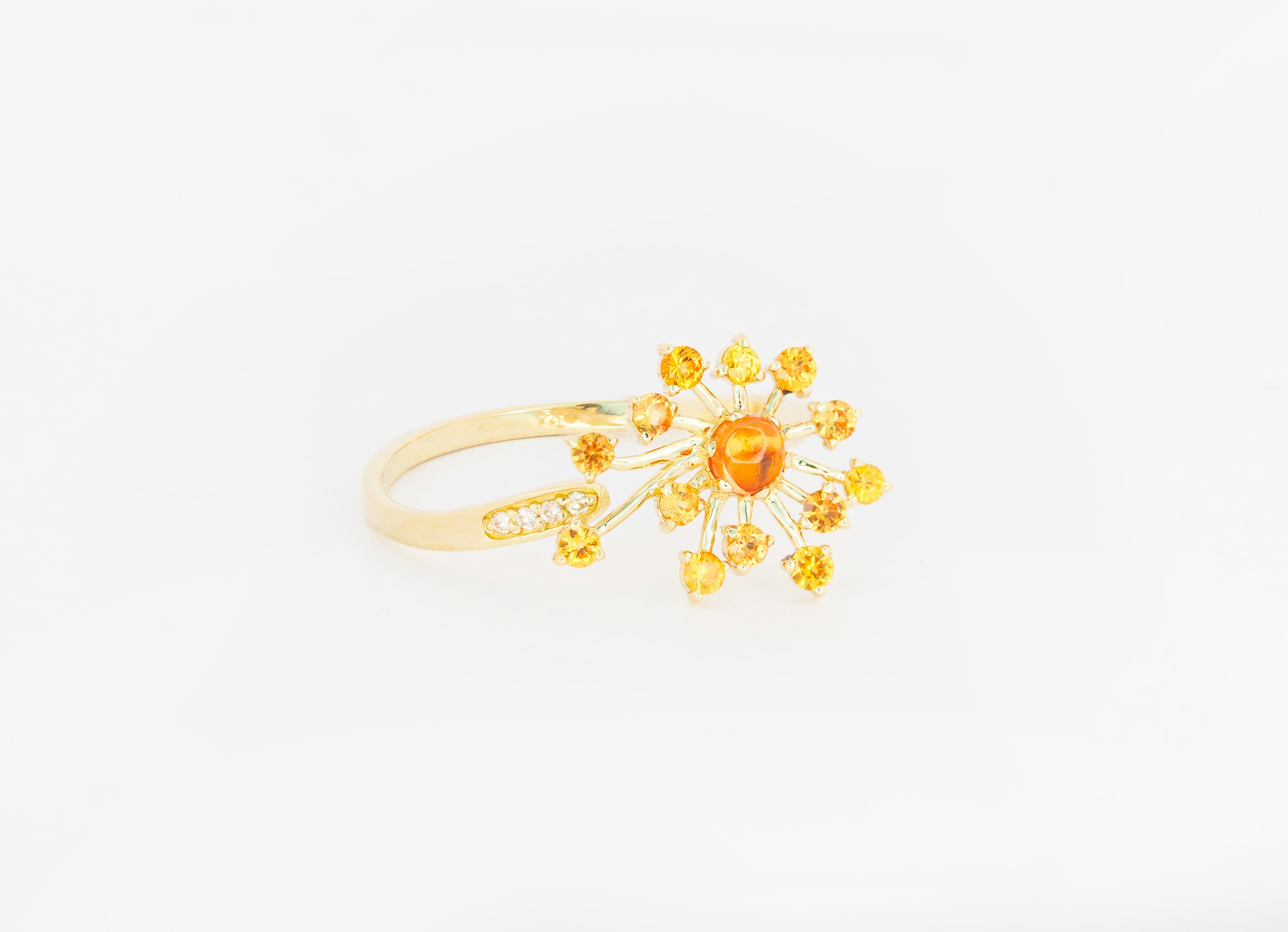 Modern Dandelion flower ring with sapphires and diamonds.  For Sale