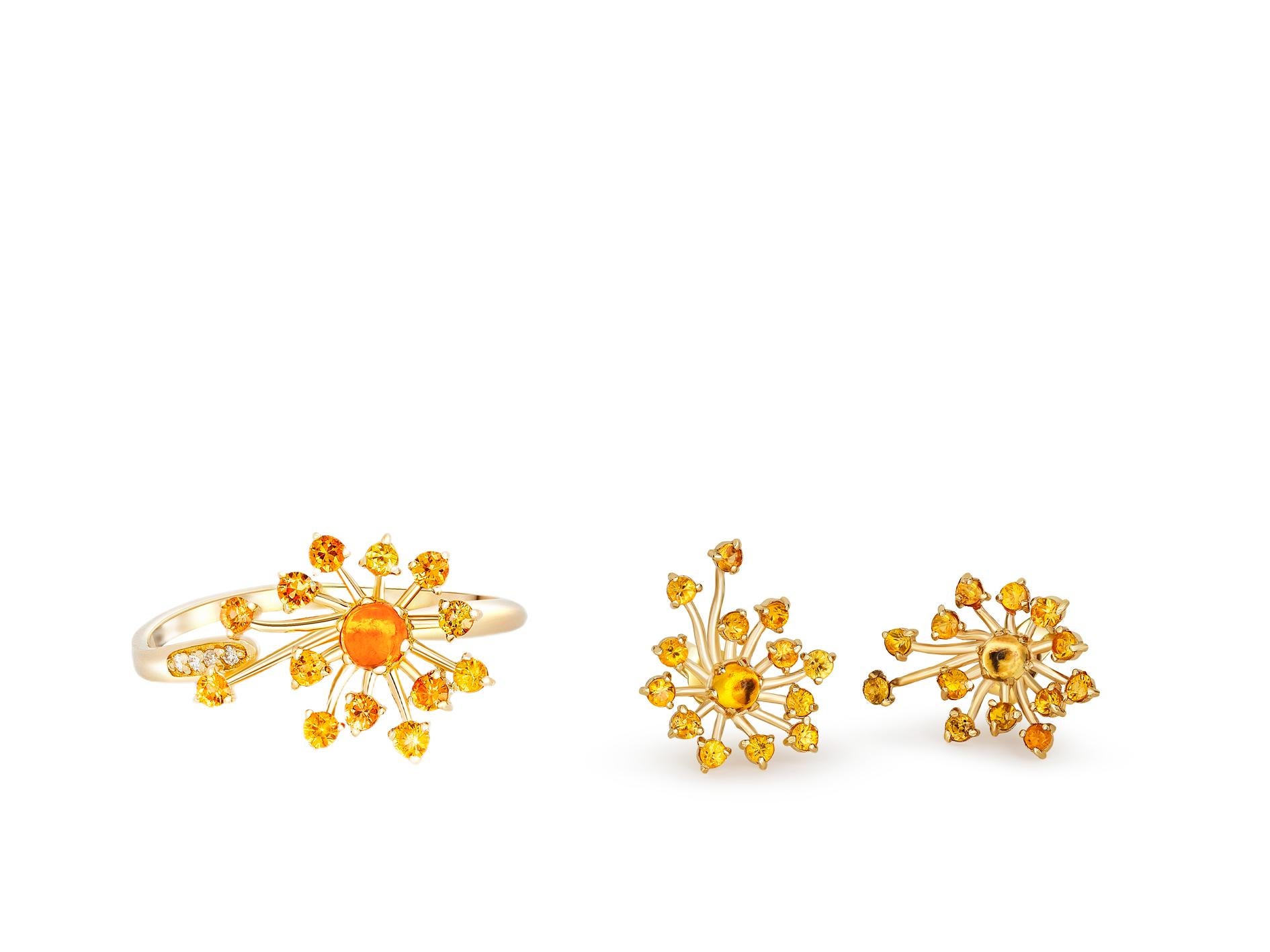 For Sale:  Dandelion Flower Set: Ring and Earrings with Yellow Sapphires and Diamonds 14