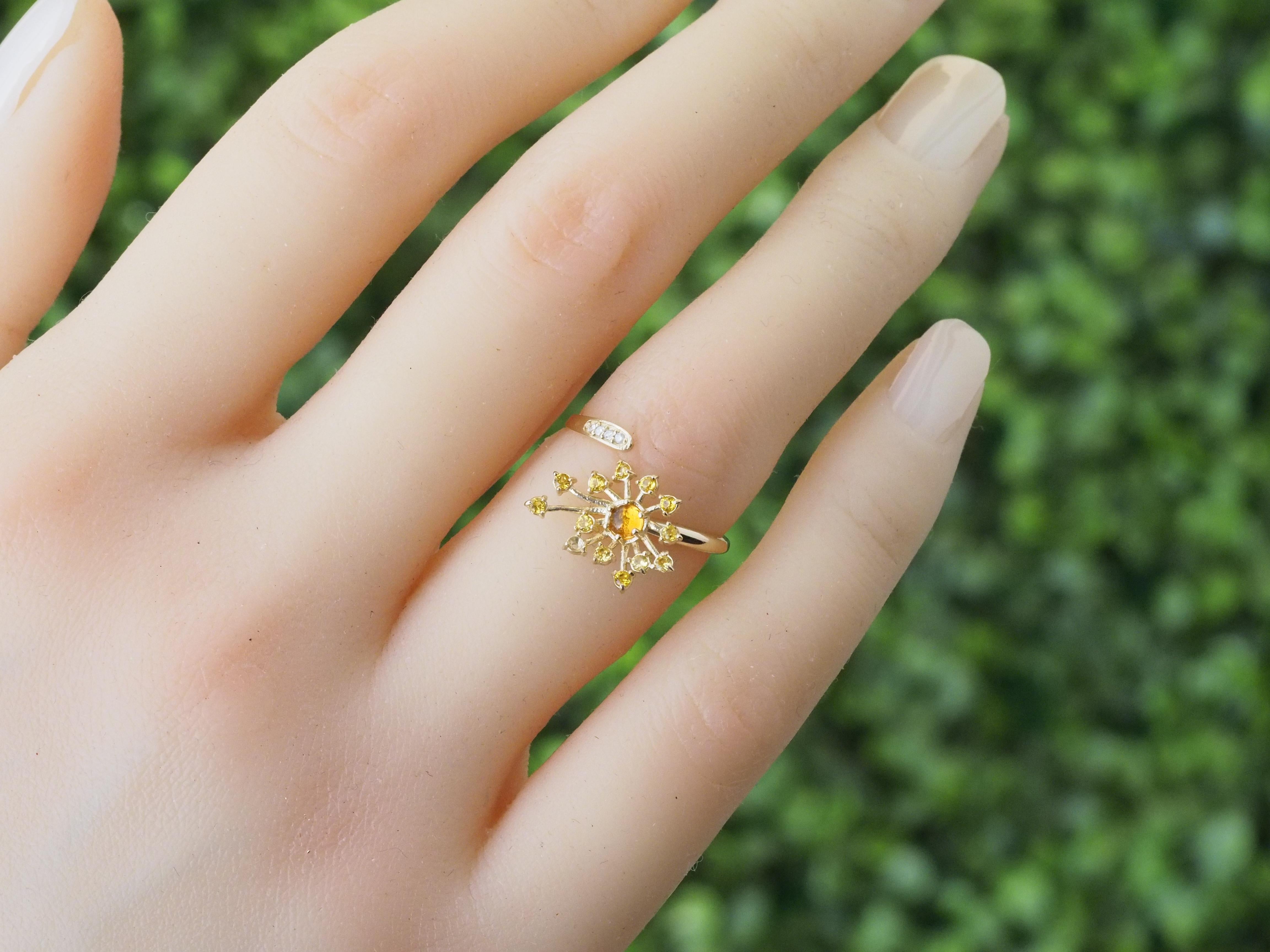 Dandelion Flower set: ring and earrings with yellow sapphires and diamonds

Earrings: 
Metal: 14 karat gold
Weight: 1.45 g.
Size: 15 x 12.4 mm.
Central stones: Genuine sapphires
Cut: Round cabochon
Weight: approx 0.60 ct.
Color: Yellow
Clarity: