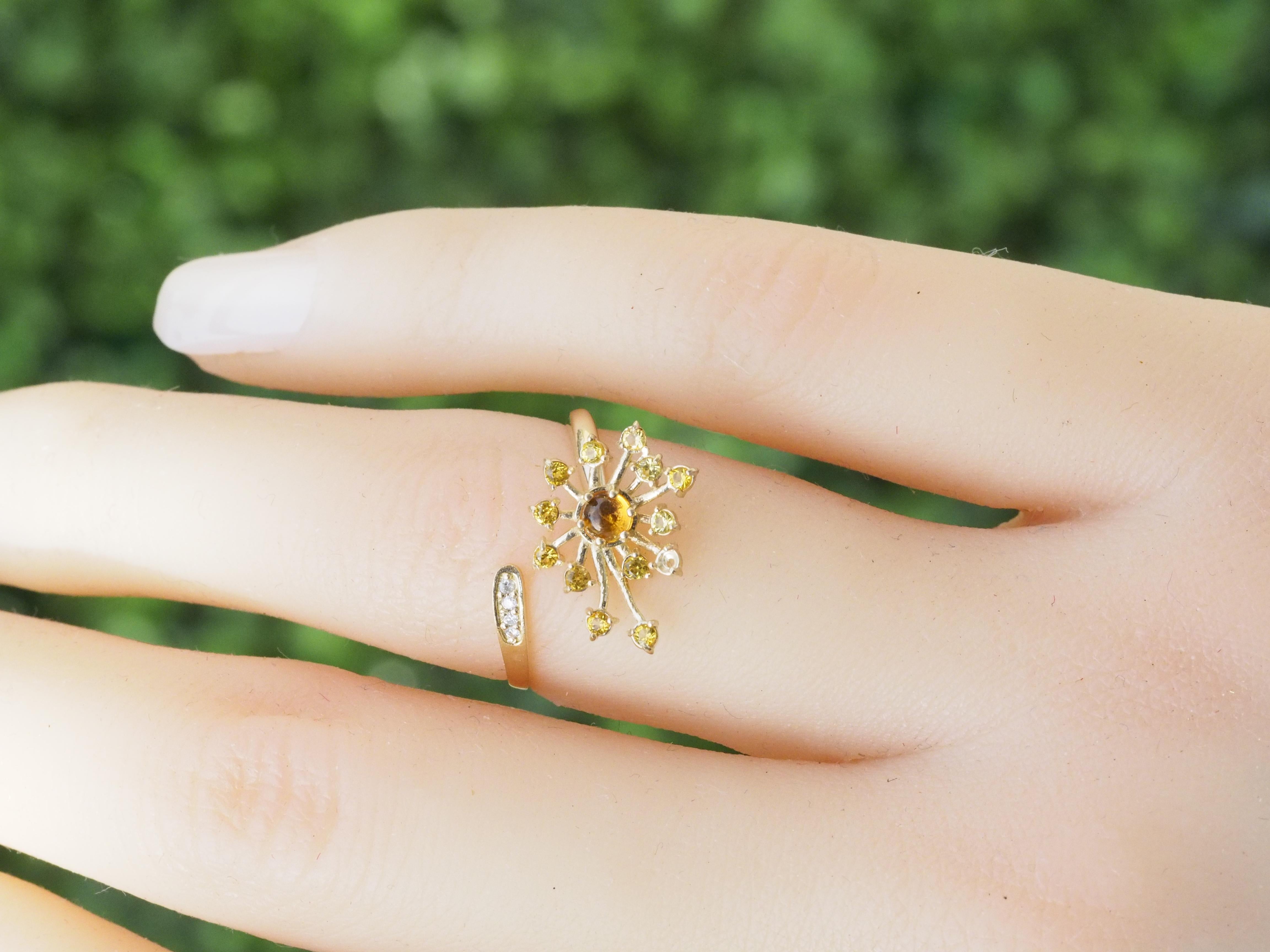 Modern Dandelion Flower set: ring and earrings with yellow sapphires and diamonds For Sale