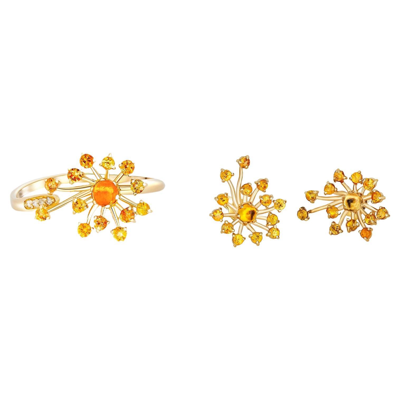 Set aus Blumenring und Ohrringen mit gelben Saphiren und Diamanten