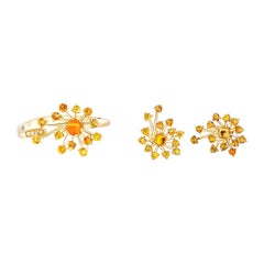 Dandelion Flower Set, Ring and Earrings with Yellow Sapphires and Diamonds