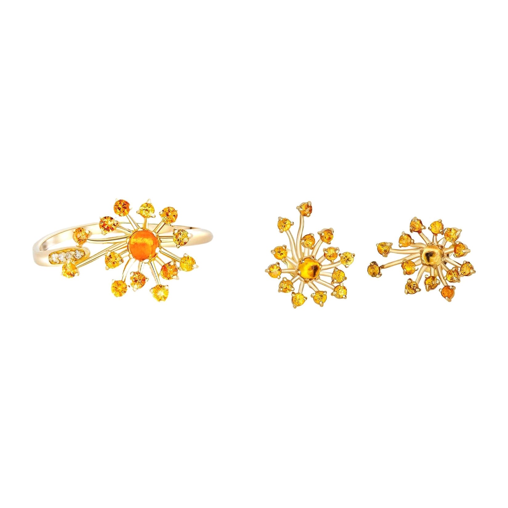 Dandelion-Blumenring, Ring und Ohrringe mit gelben Saphiren und Diamanten