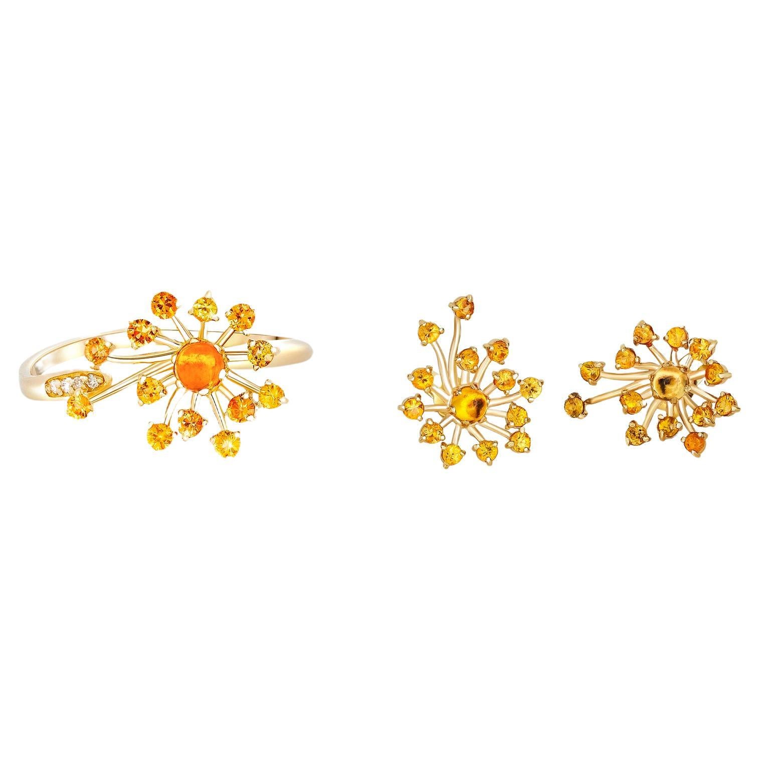 Dandelion Flower set: ring and earrings with yellow sapphires and diamonds