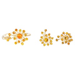 Dandelion Flower set: ring and earrings with yellow sapphires and diamonds