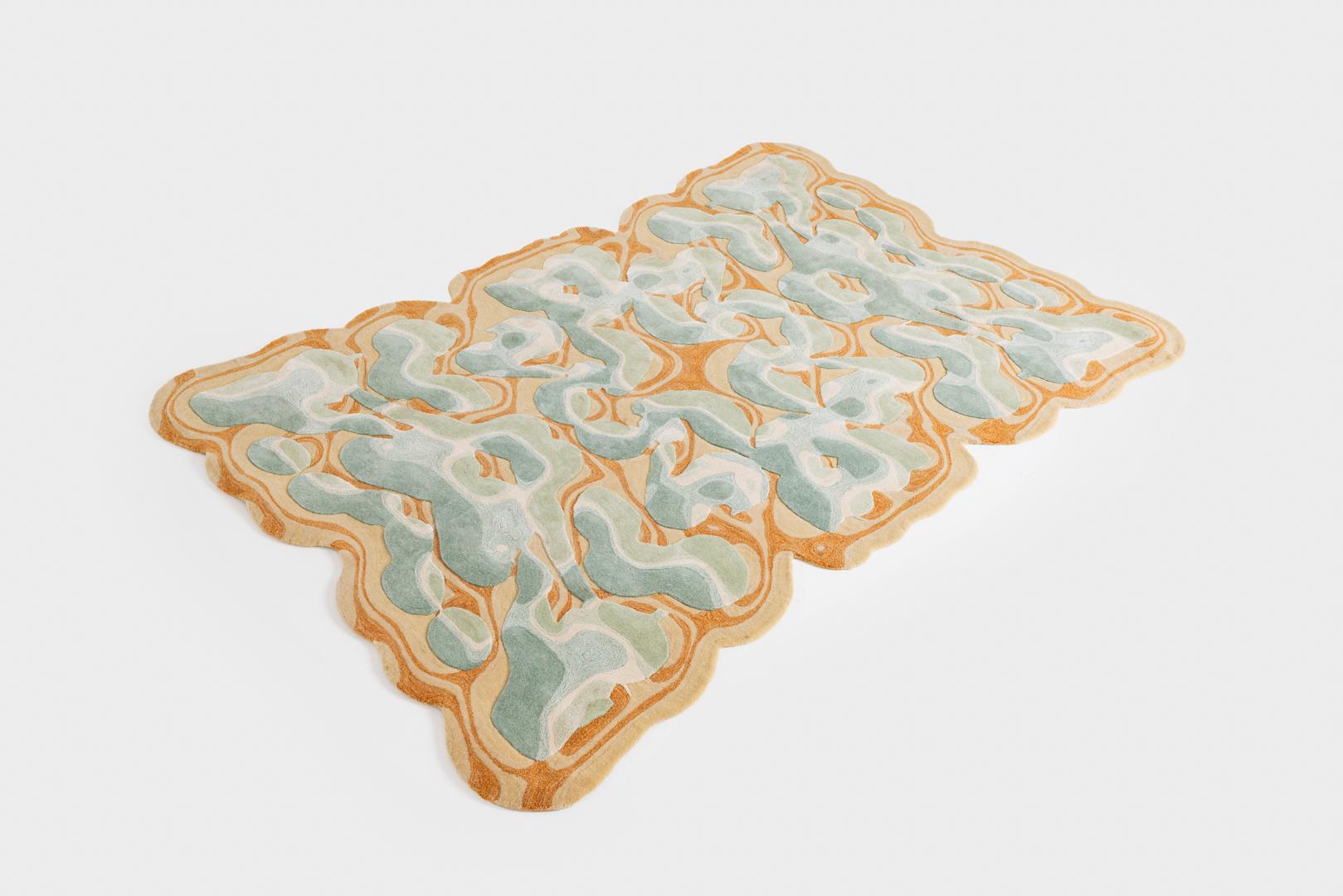 Alfombra Dandelion de lana de Nueva Zelanda y seda de bambú tejida a mano por Stefania Ruggiero Indio en venta