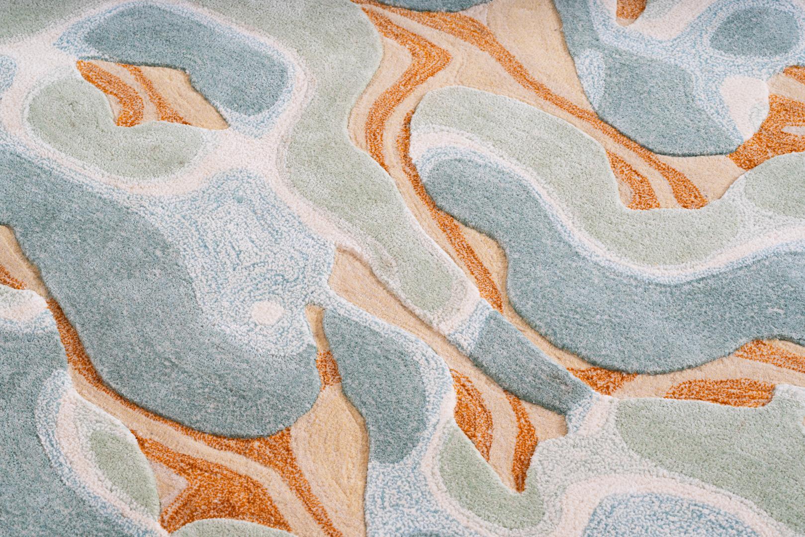 Alfombra Dandelion de lana de Nueva Zelanda y seda de bambú tejida a mano por Stefania Ruggiero Tejido a mano en venta