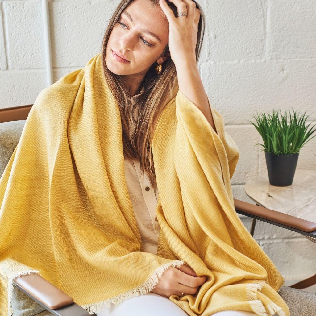 Contemporary Dandelion Handloom Throw / Blanket in Soft Yellow Shade in Merino Twill Weave For Sale