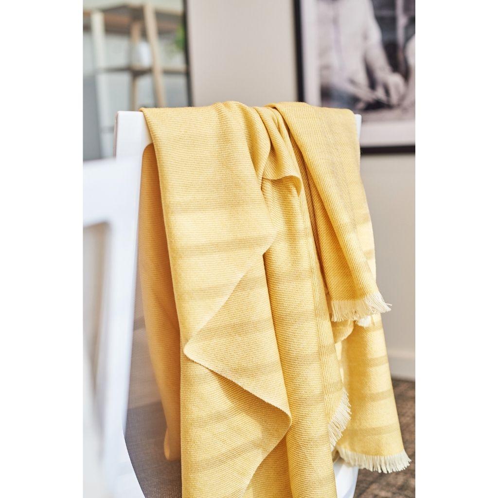 Yarn Dandelion Handloom Throw / Blanket in Soft Yellow Shade in Merino Twill Weave For Sale