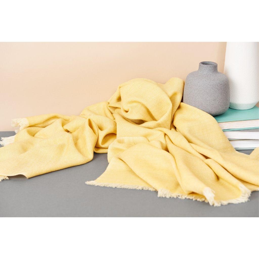 Dandelion Handloom Throw / Blanket in Soft Yellow Shade in Merino Twill Weave For Sale 2