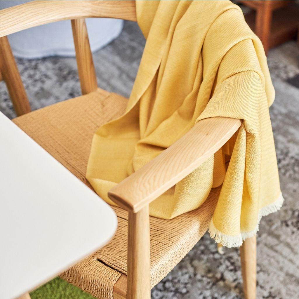 Hand-Woven Dandelion Handloom Throw / Blanket in Soft Yellow Shade in Merino Twill Weave For Sale