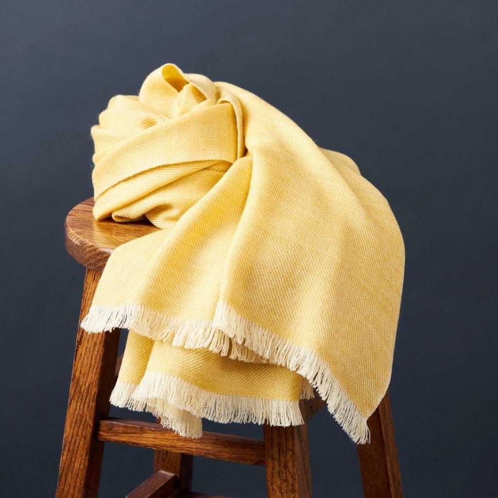 Dandelion Handloom Throw / Blanket in Soft Yellow Shade in Merino Twill Weave For Sale 3
