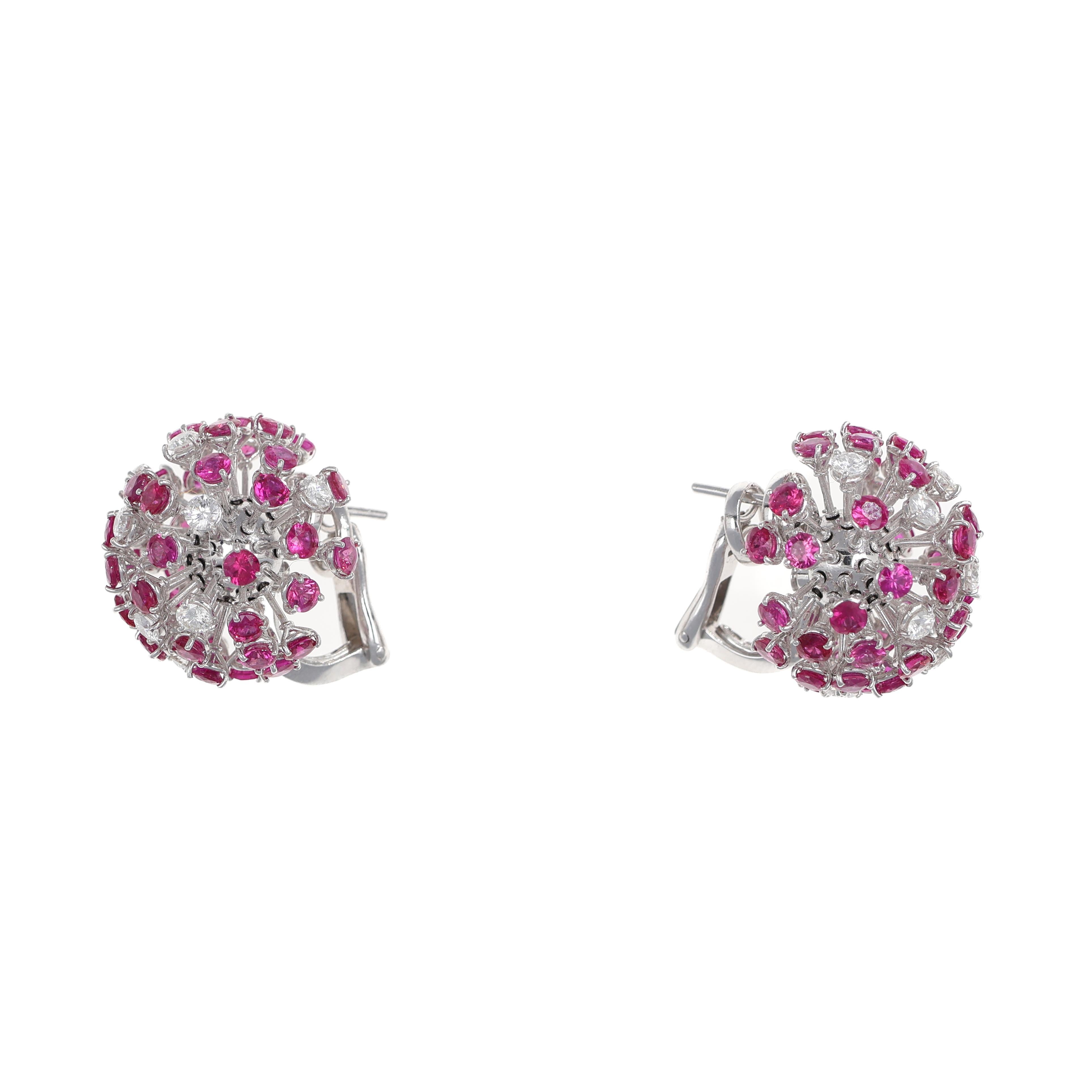 Women's or Men's Dandelion-Inspired Earrings in White Gold with Diamonds and Pink Sapphires For Sale