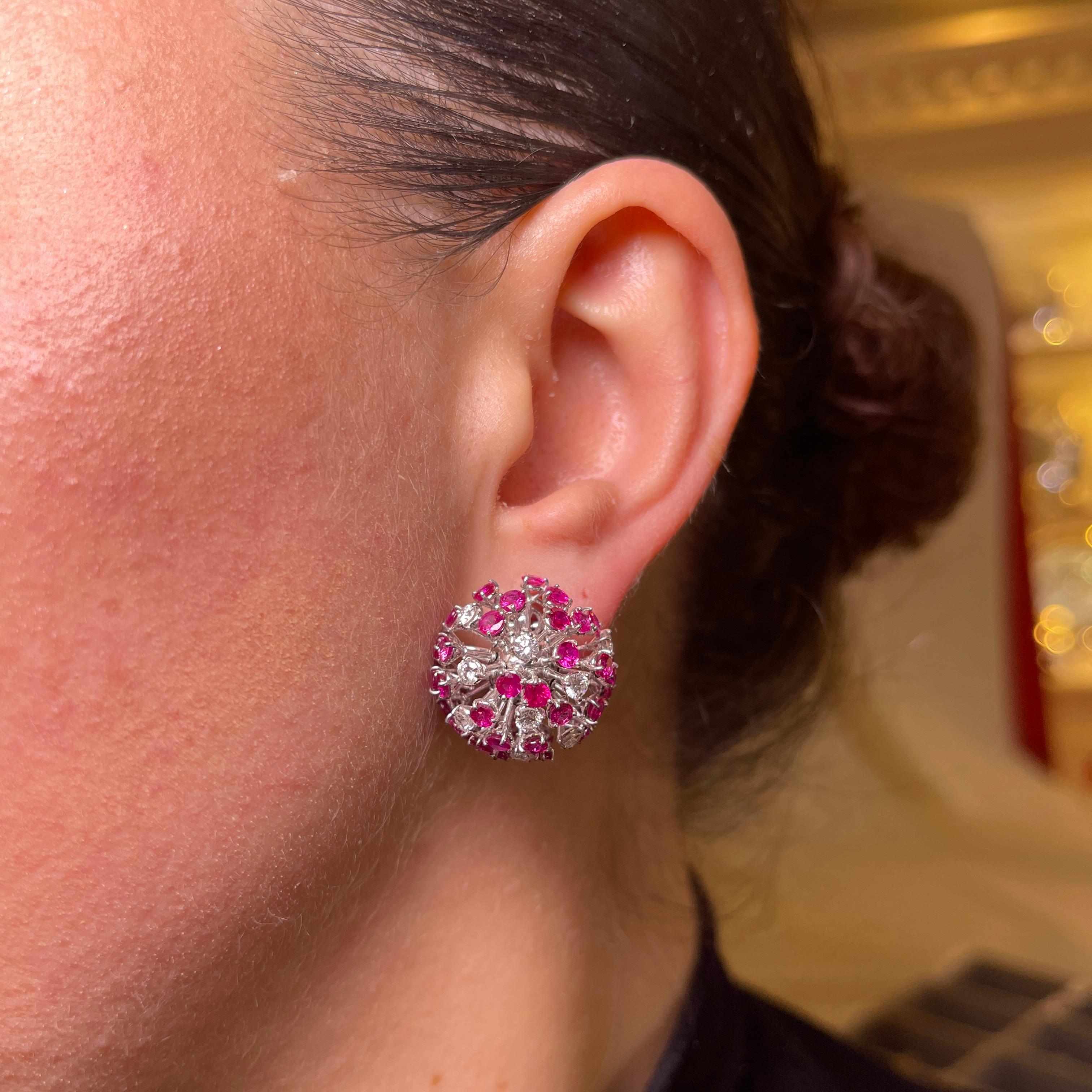 Dandelion-Inspired Earrings in White Gold with Diamonds and Pink Sapphires For Sale 2