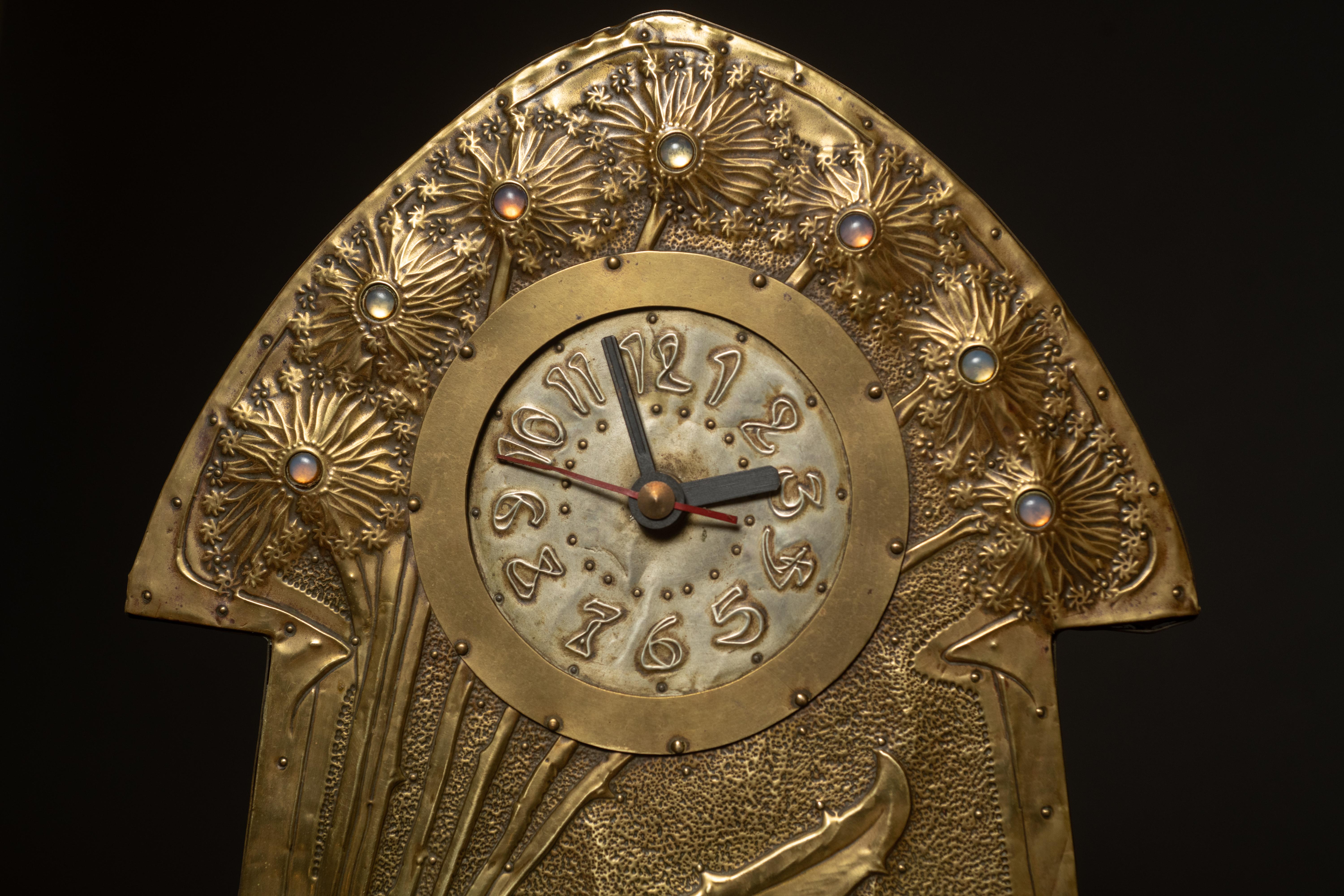 Early 20th Century Art Nouveau Dandelion & Thistle Repoussé Mantle Clock Set by Alfred Daguet