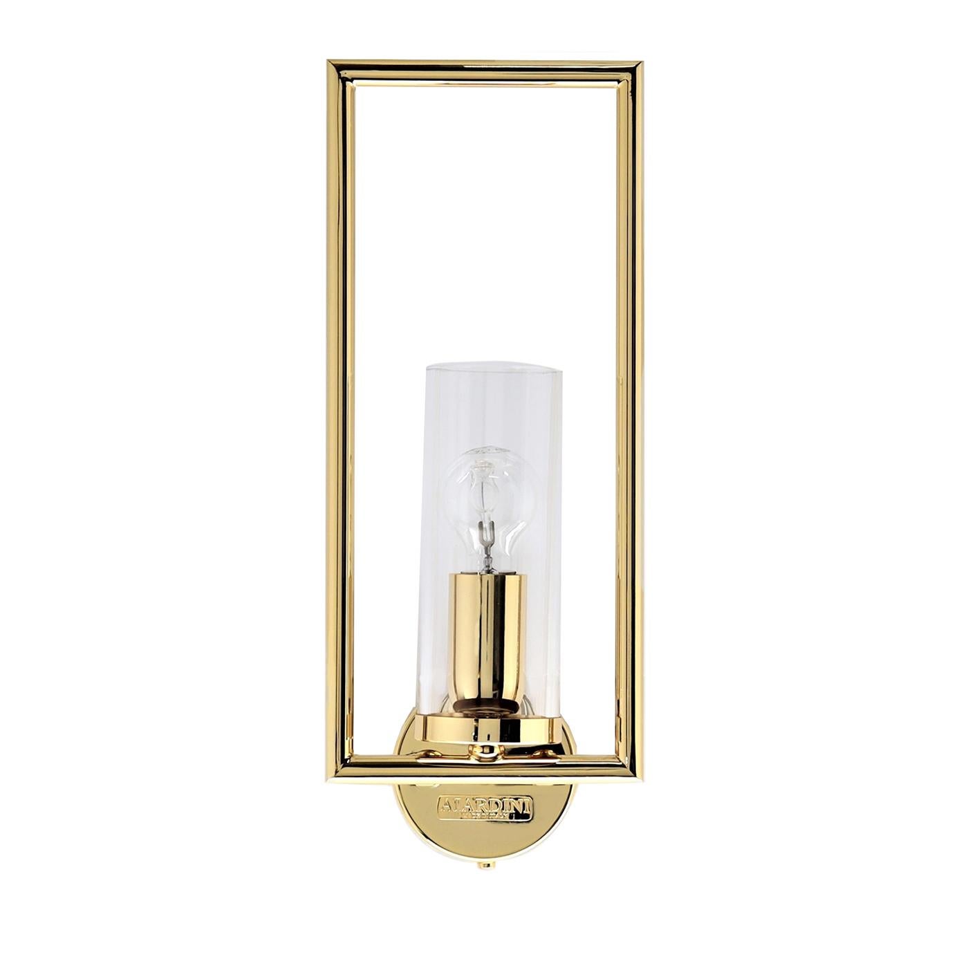 This elegant applique is a charming piece with a minimal design, polished gold finish. Fixed to the ceiling with a metal rosette, the structure is also available in other finishes, ask the Concierge for details.