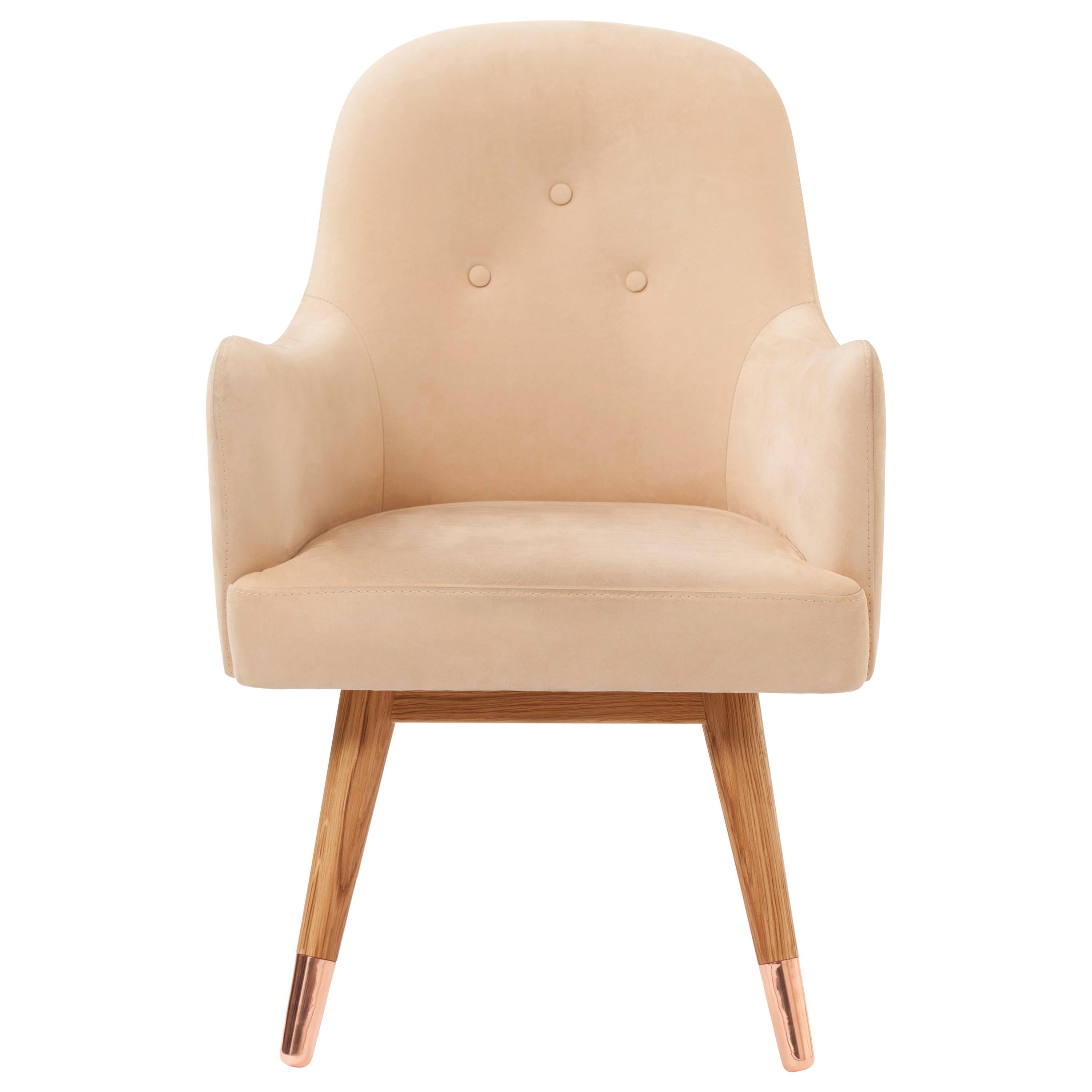 Dandy Beige Suede Leather Chair with American White Oak and Polished Copper im Angebot