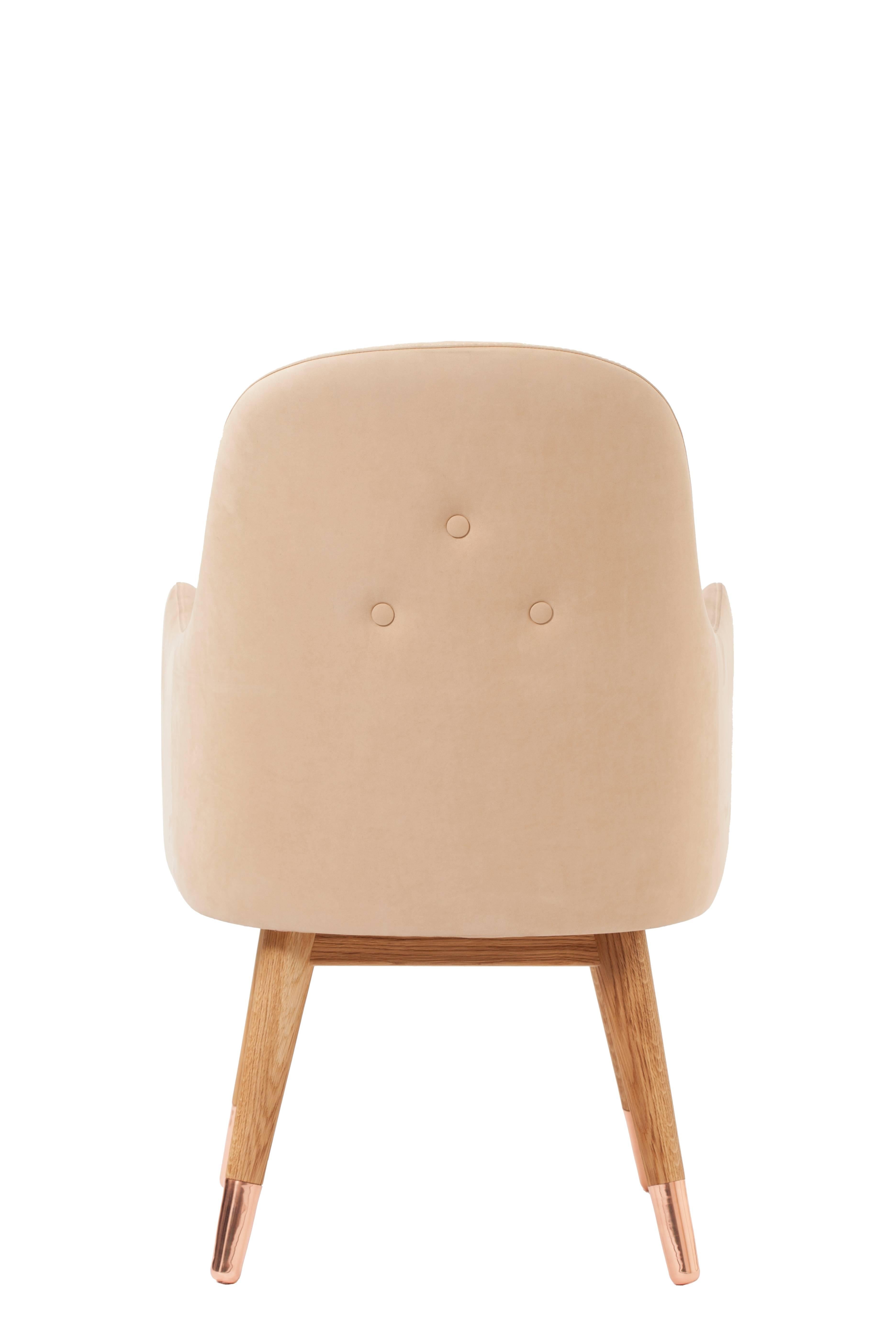 Turkish Dandy Chair Armchair in Soft Suede Beige Leather, White Oak and Copper For Sale