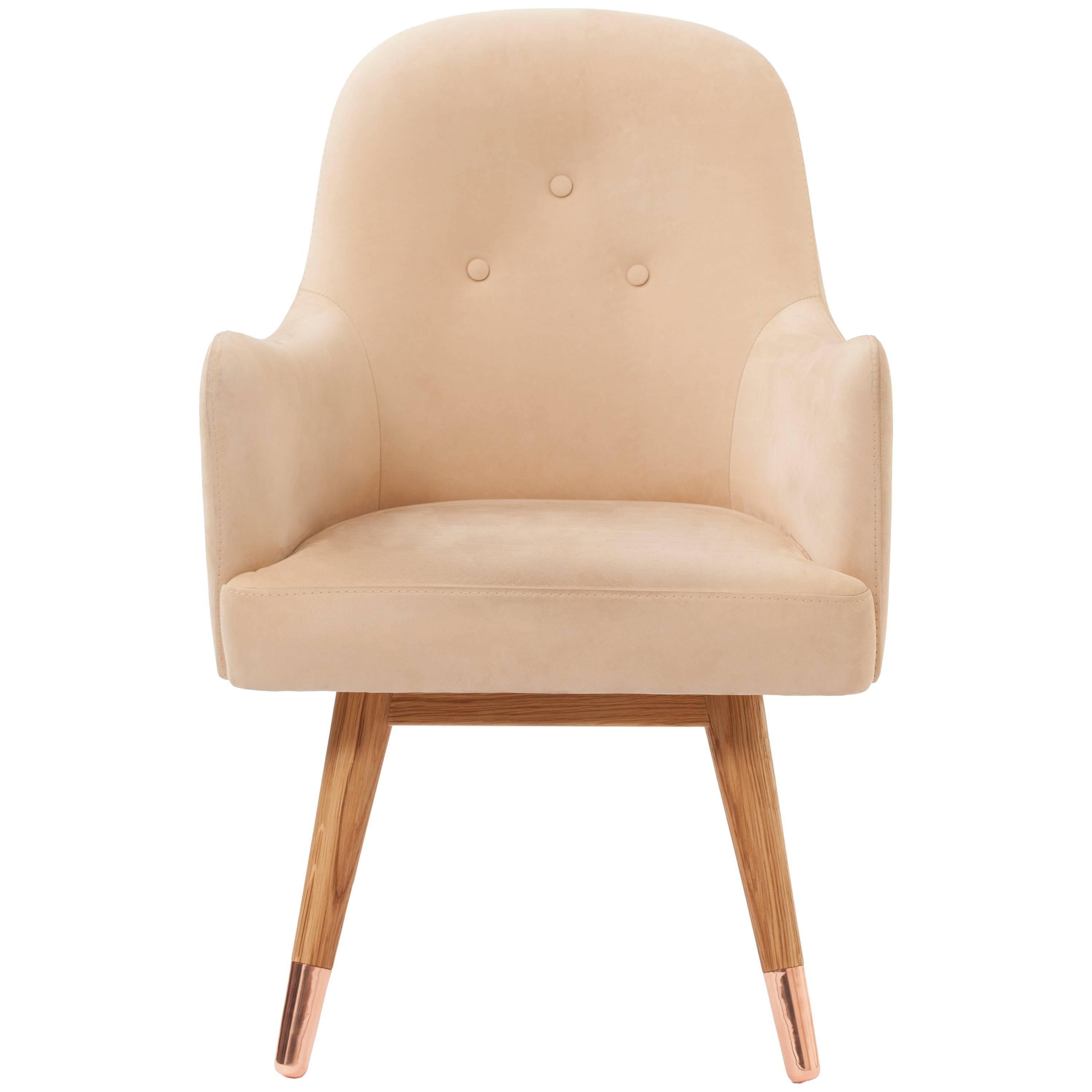 Dandy Chair Armchair in Soft Suede Beige Leather, White Oak and Copper For Sale