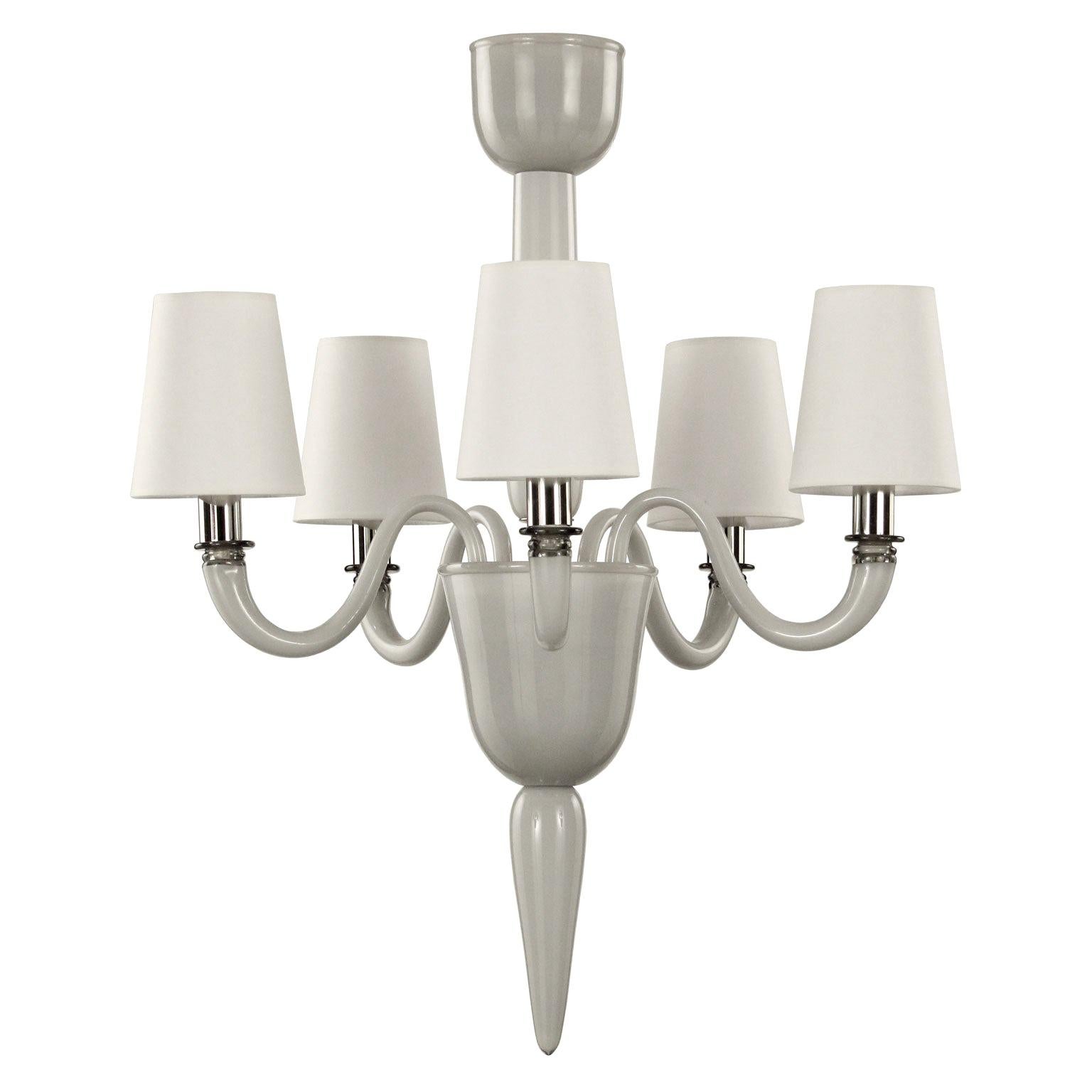 21st Century Chandelier 5arms Grey opaque Murano Glass, Lampshades by Multiforme