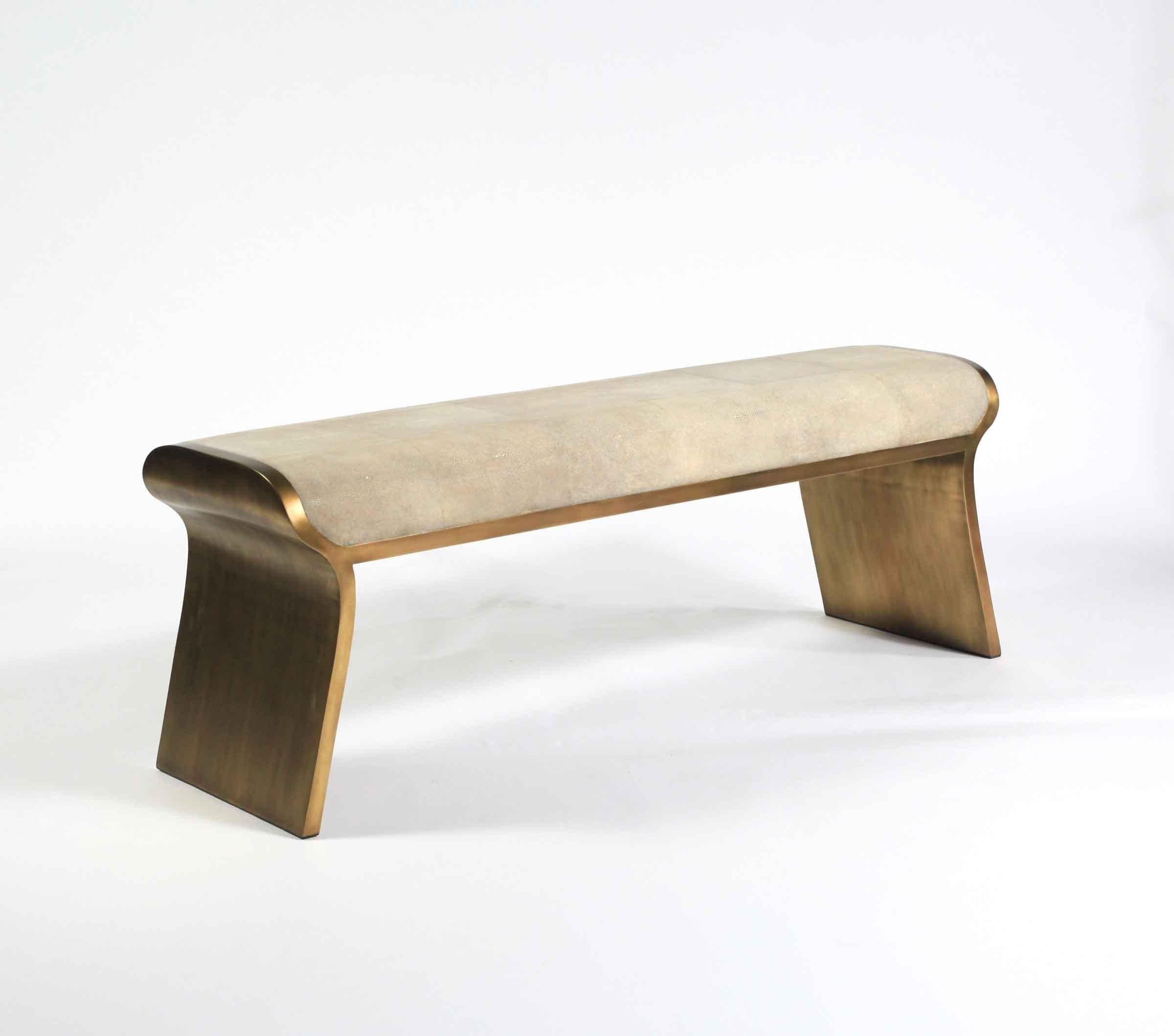 French Dandy Day Bench in Coal Black Shagreen and Bronze-Patina Brass by Kifu Paris For Sale